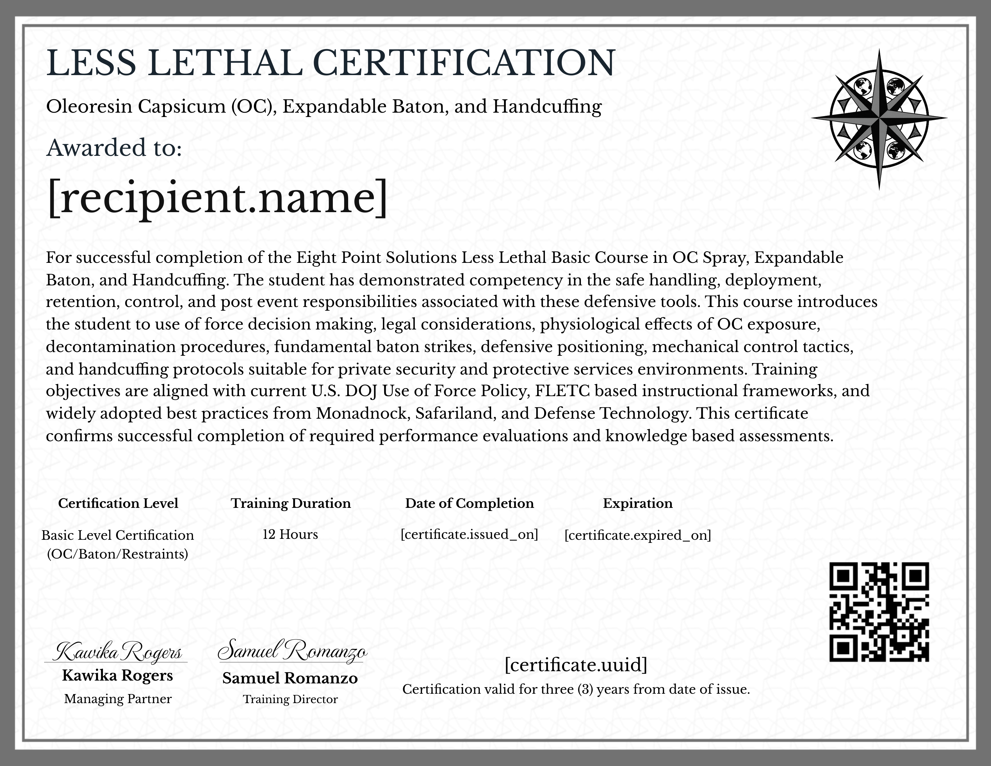Eight Point Solutions Less Lethal Certification certificate