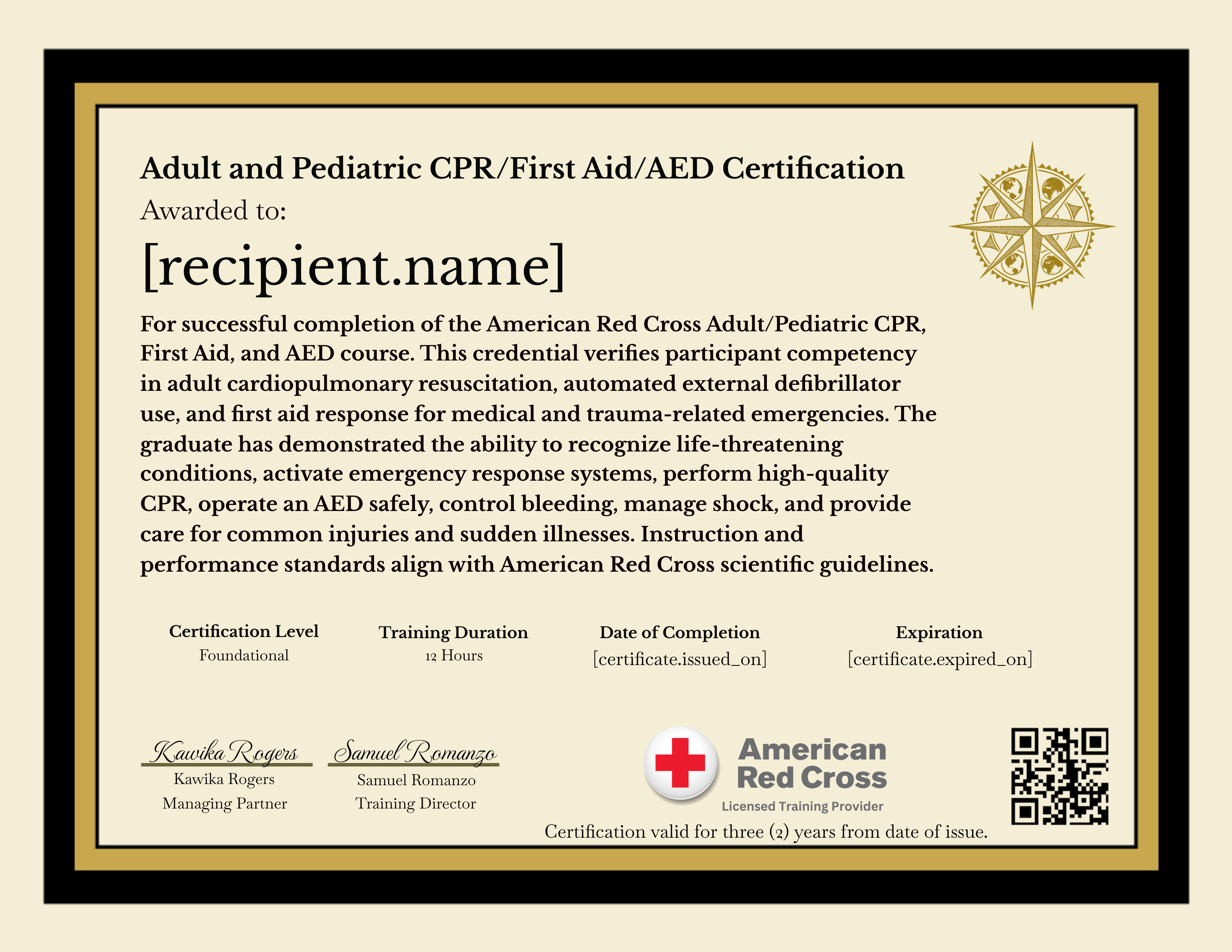 Adult and Pediatric CPR/First Aid/AED Certification certificate
