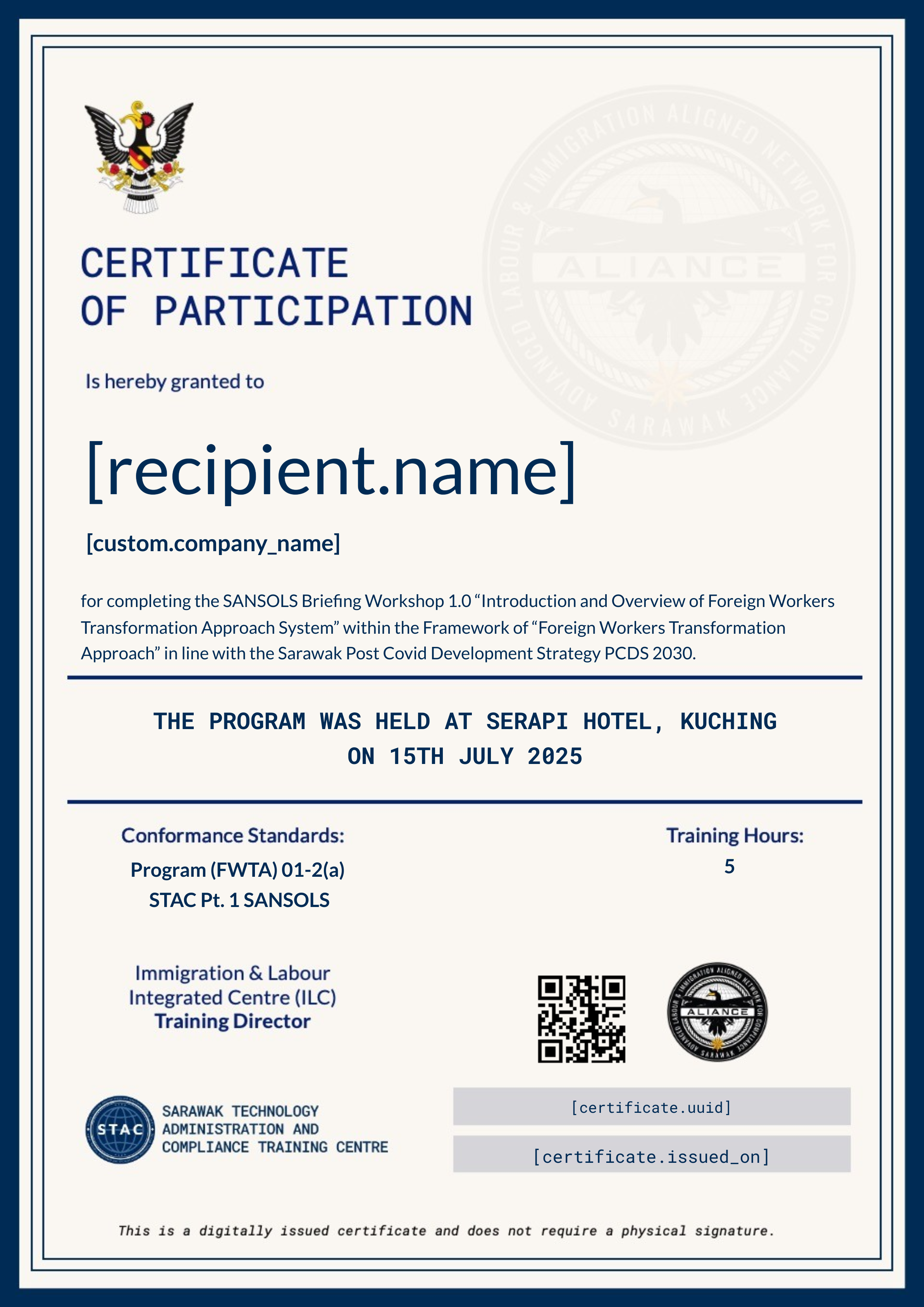 ✅ GOV | SANSOLS 2.0 PTK Training 15/07/2025 (Serapi Hotel, Kuching) certificate