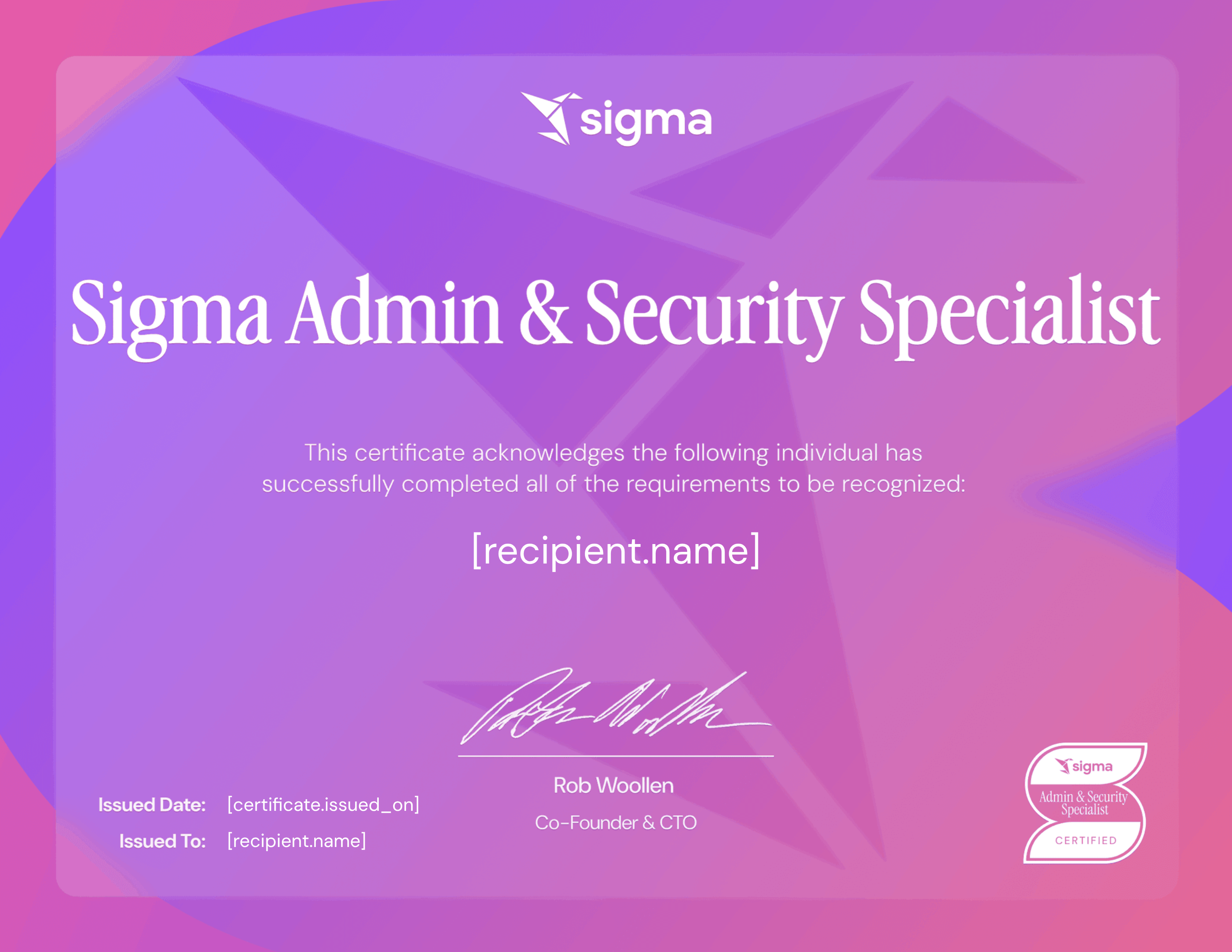 Sigma Admin & Security Specialist certificate