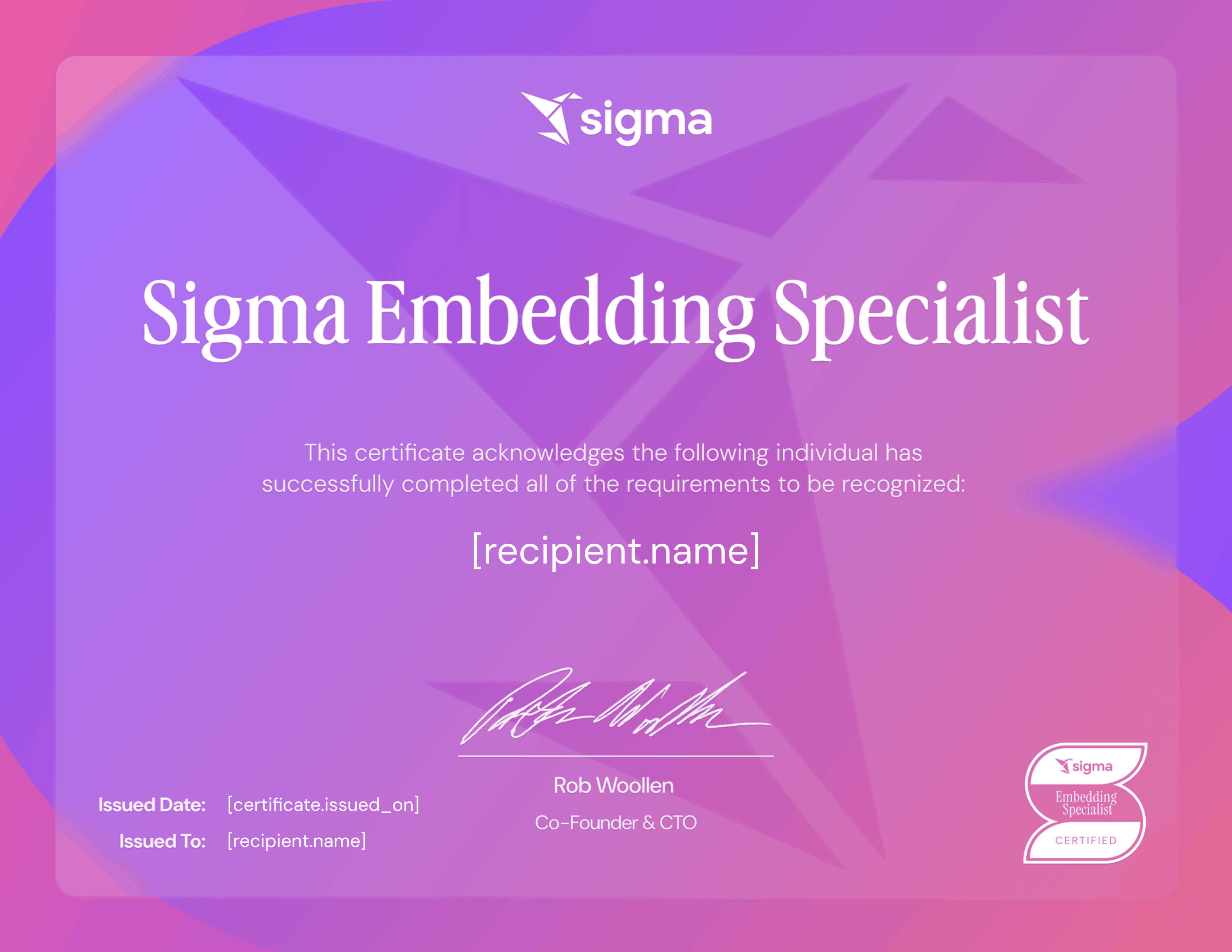 Sigma Embedding Specialist certificate