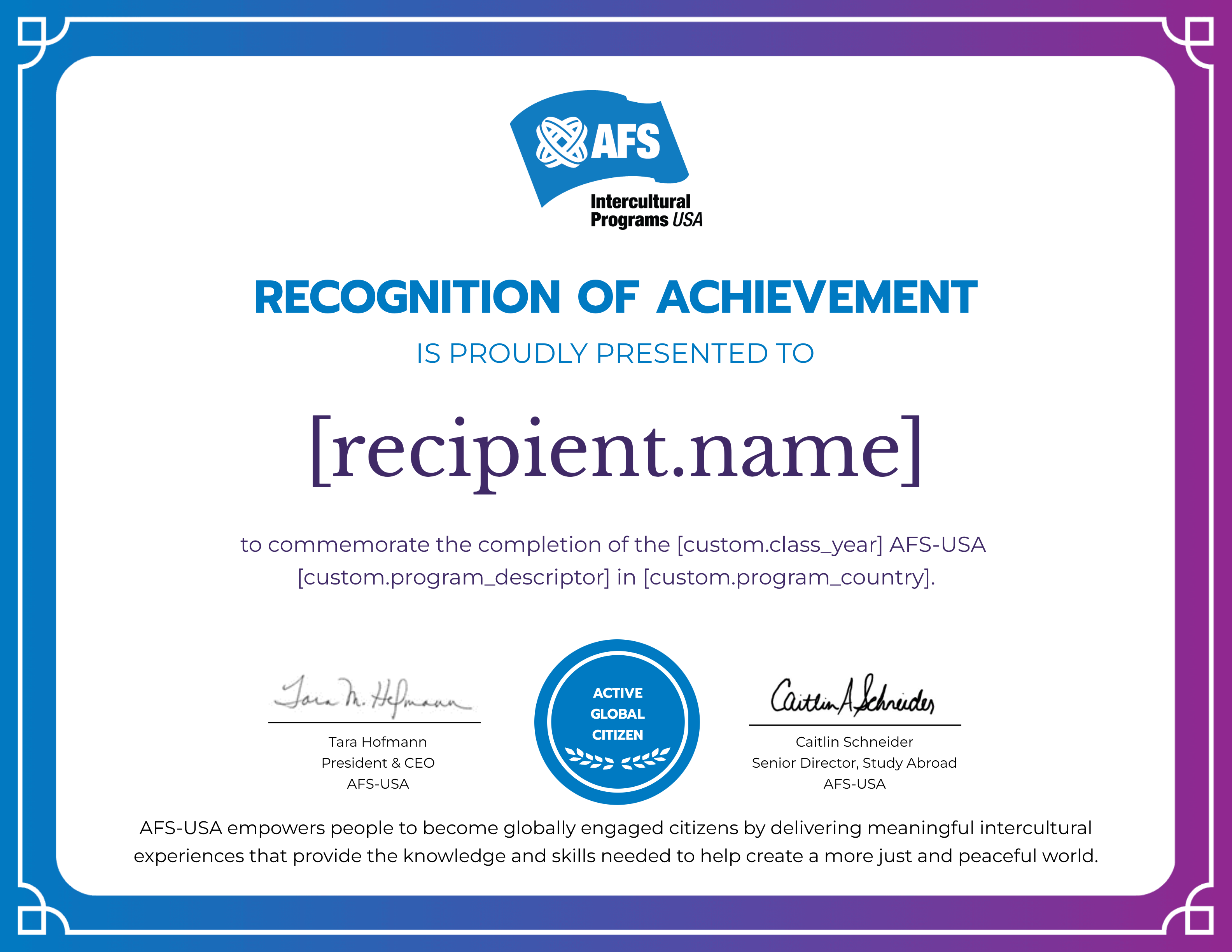 AFS-USA Core Programs certificate