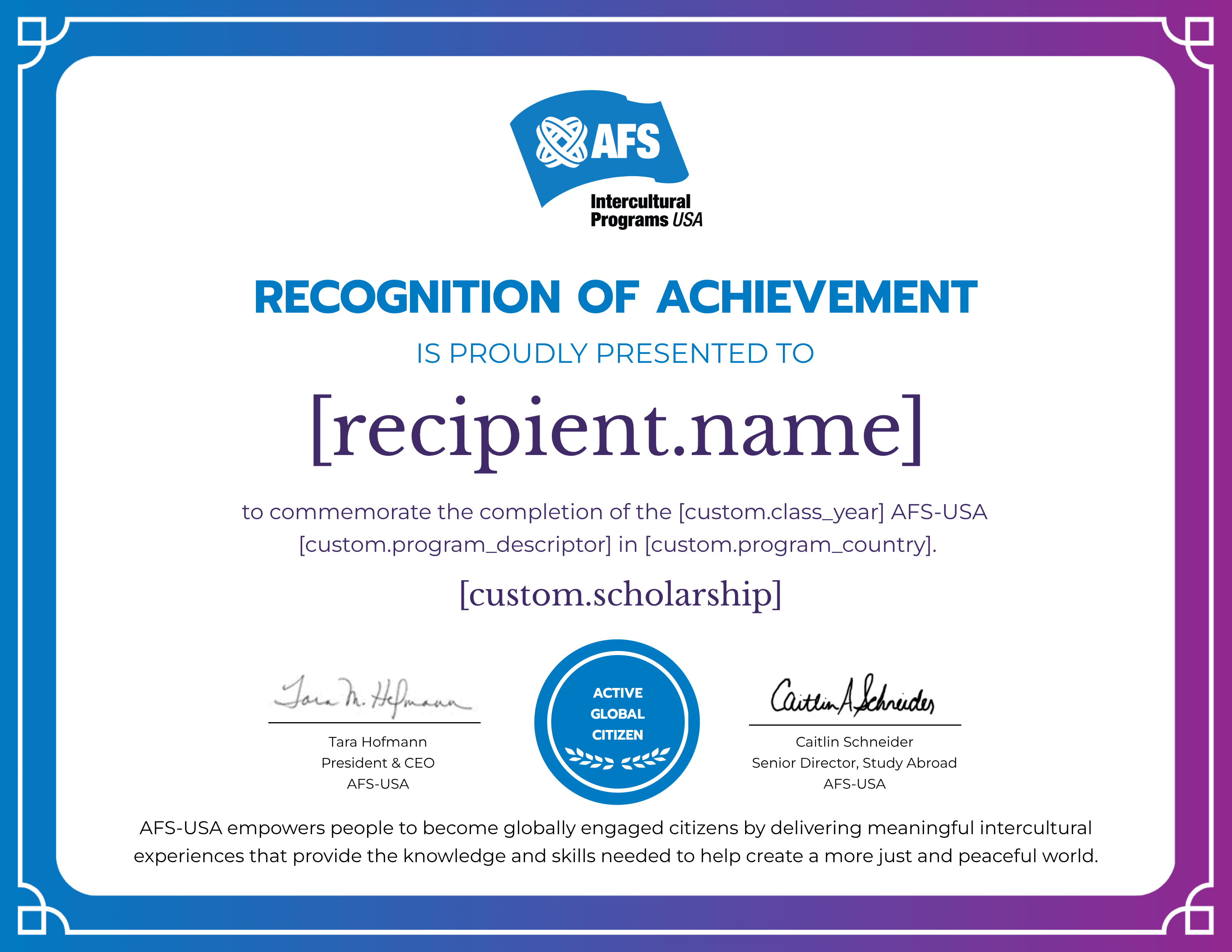 AFS-USA Scholarship Students certificate