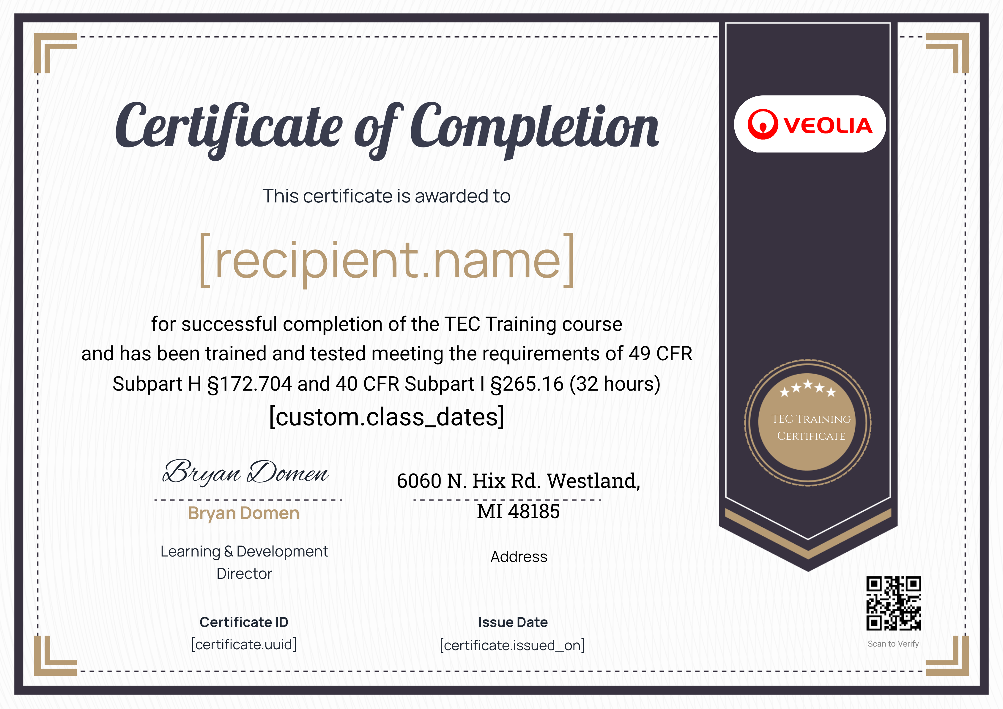 Veolia TEC Training certificate