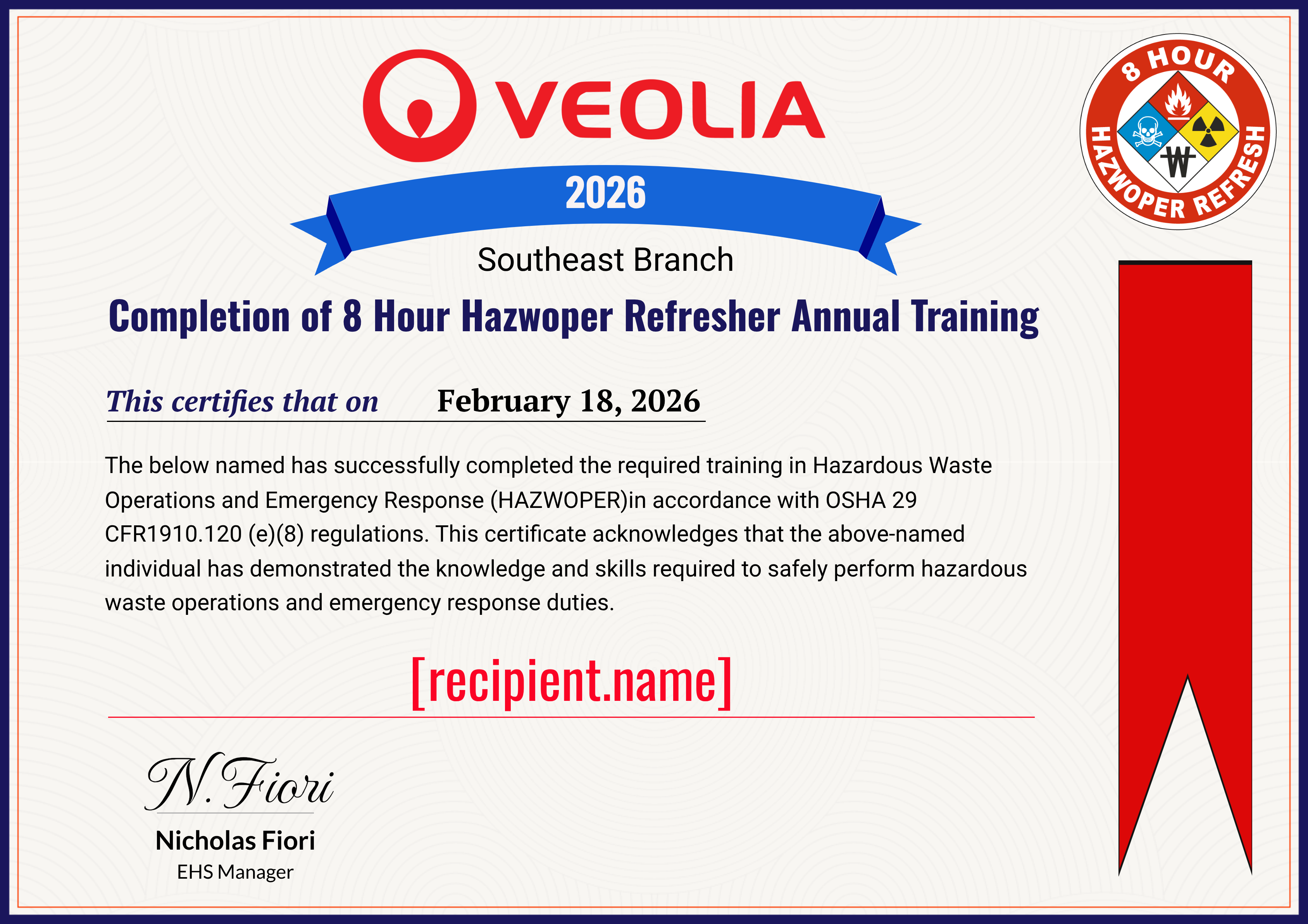 Southeast Branch 8 Hour HAZWOPER certificate