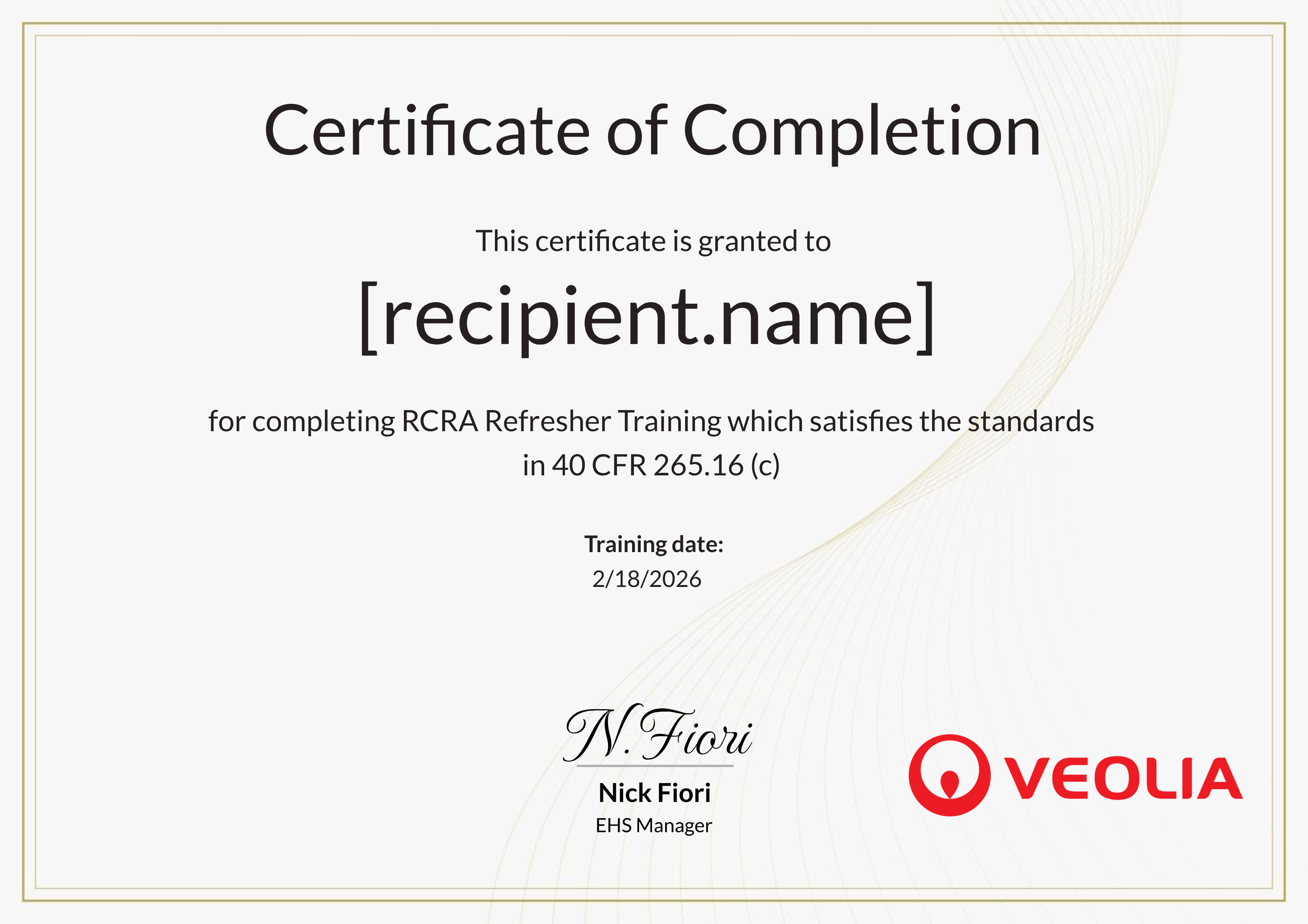 Southeast Branch RCRA Refresher Training certificate