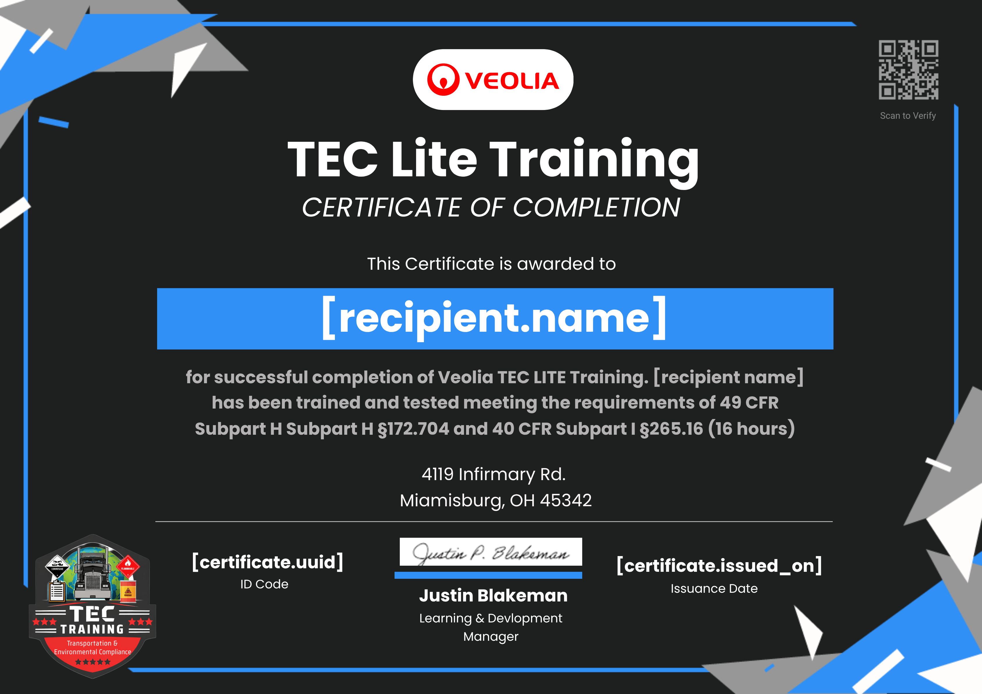 Veolia TEC LITE Training certificate