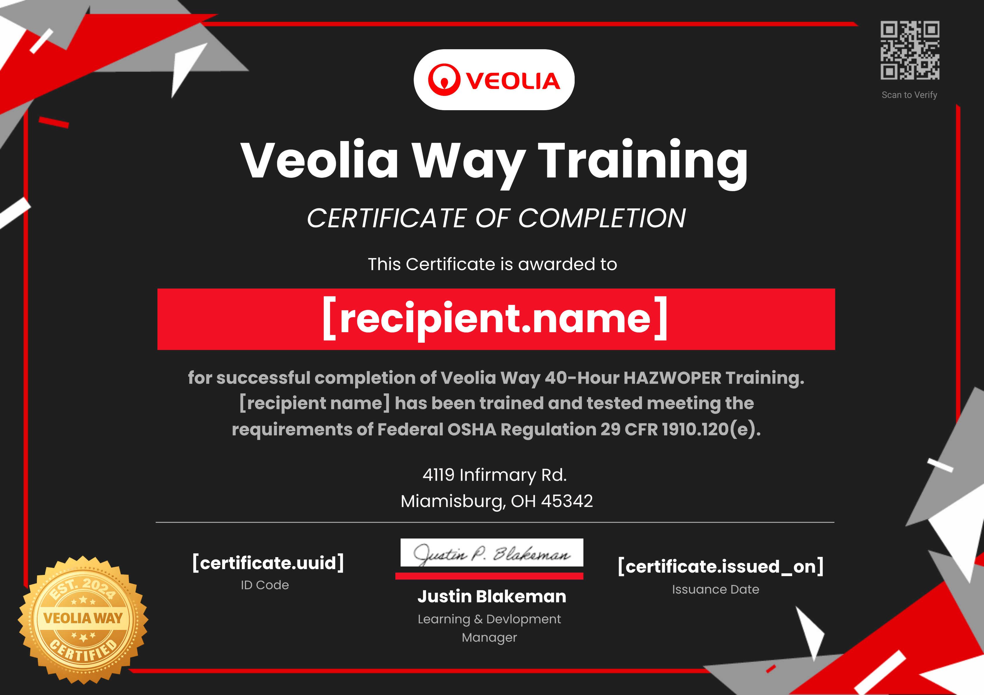 (Azusa)  Veolia Way Training (OSHA 40 Hr HAZWOPER) certificate