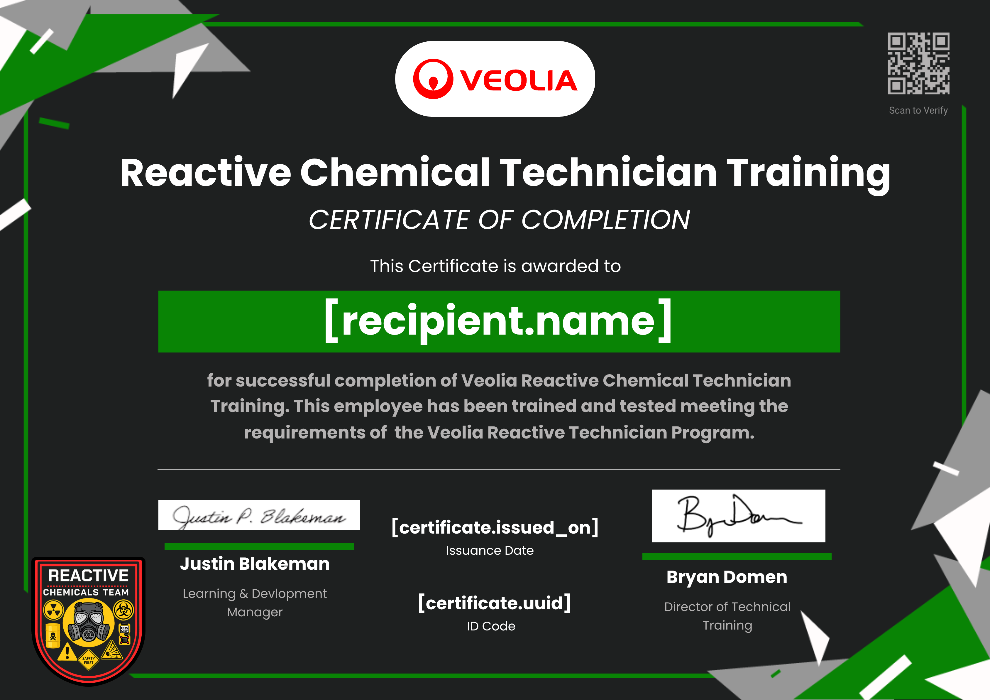 Reactive Technician Training Certificate certificate