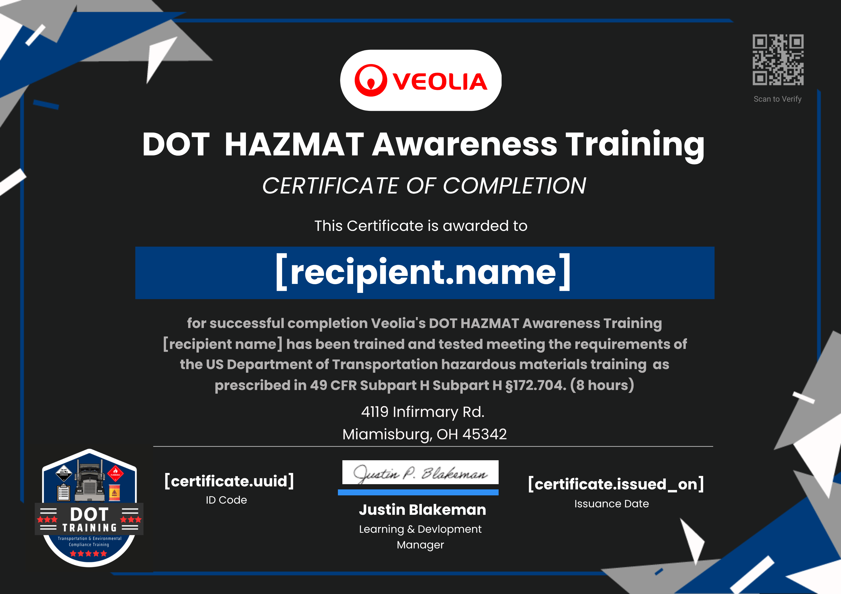 L&D DOT HAZMAT Awareness Training certificate