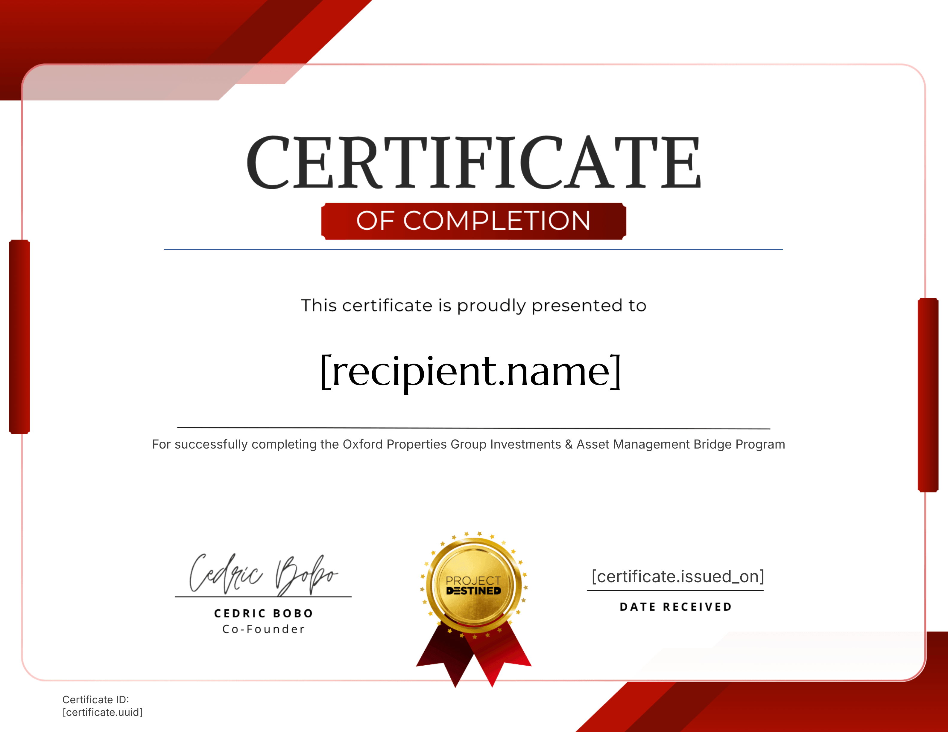 Summer 2025 Oxford Properties Group Investments & Asset Management Bridge Program certificate