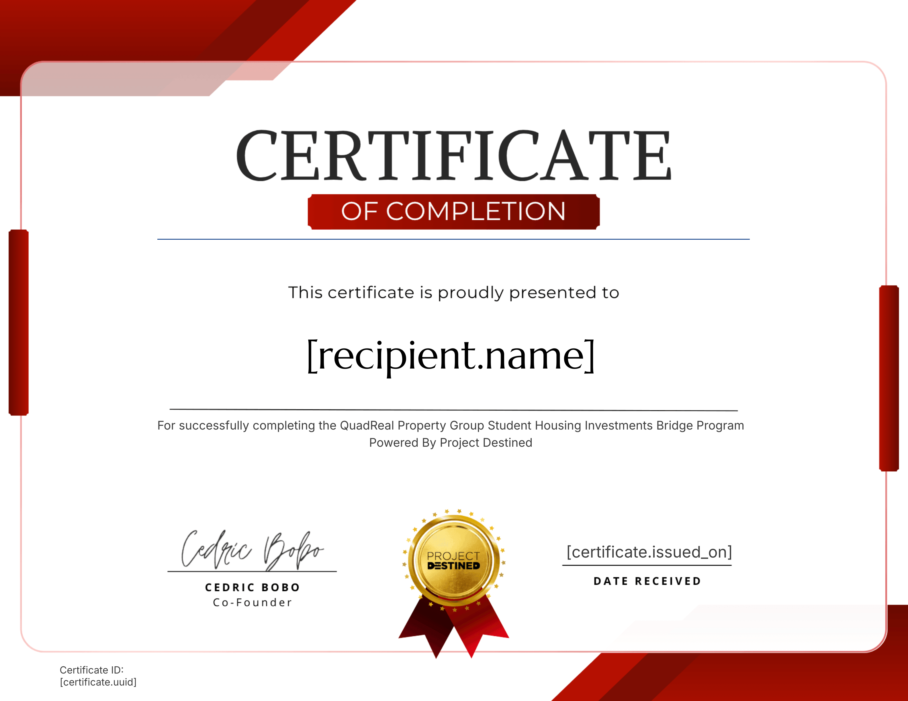 Summer 2025 QuadReal Student Housing Investments Bridge Program certificate