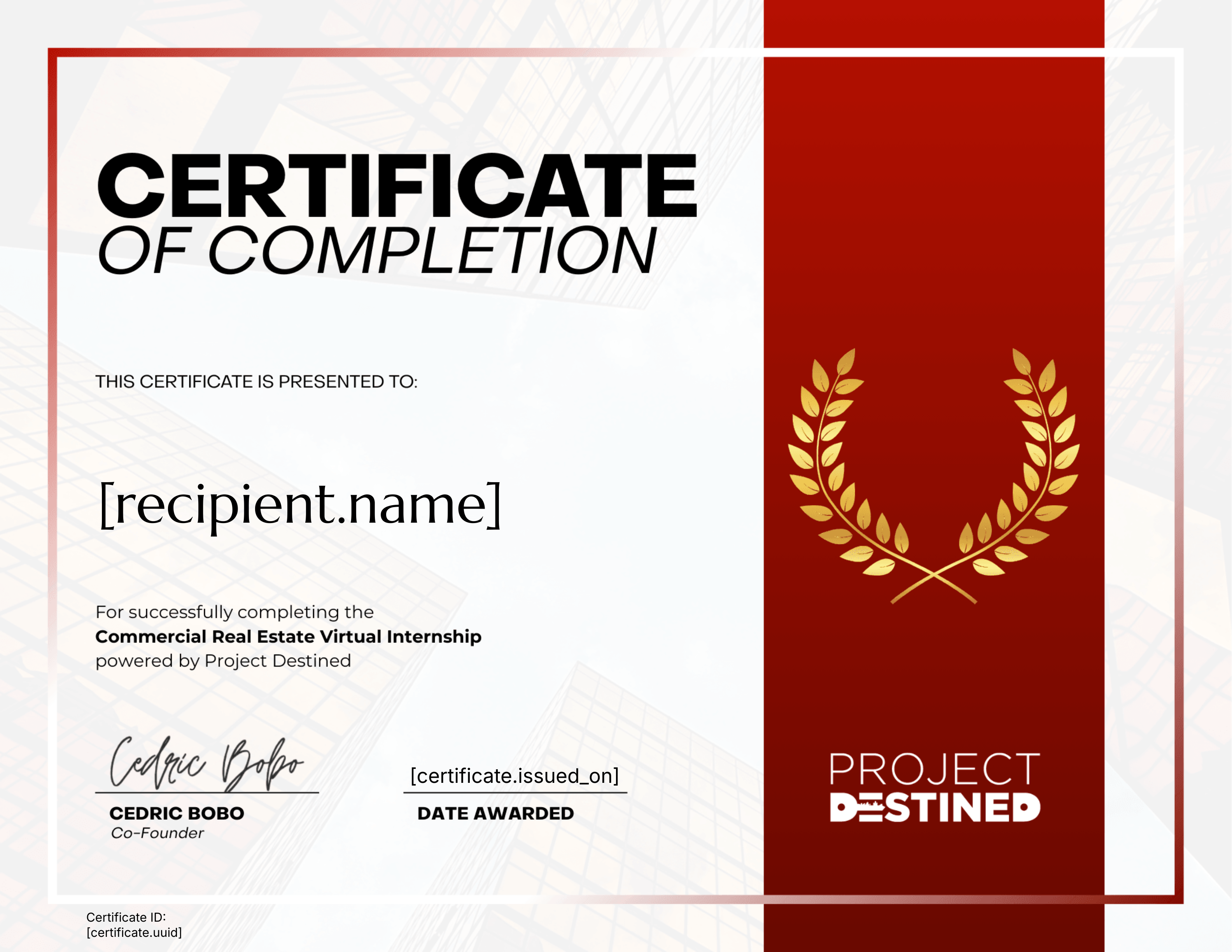 Fall 2025 Project Destined Commercial Real Estate Virtual Internship Program certificate