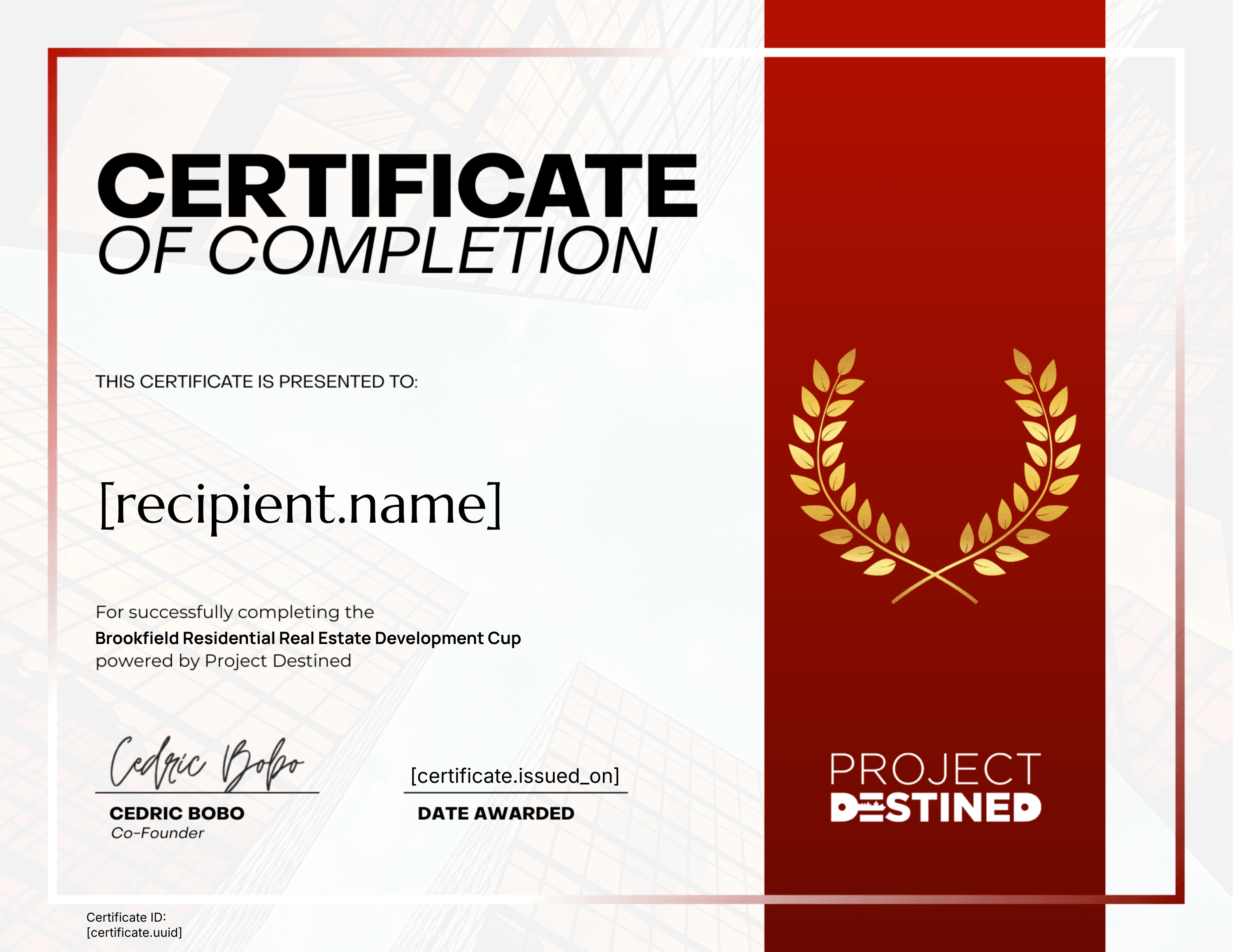 Fall 2025 Brookfield Residential Real Estate Development Cup certificate