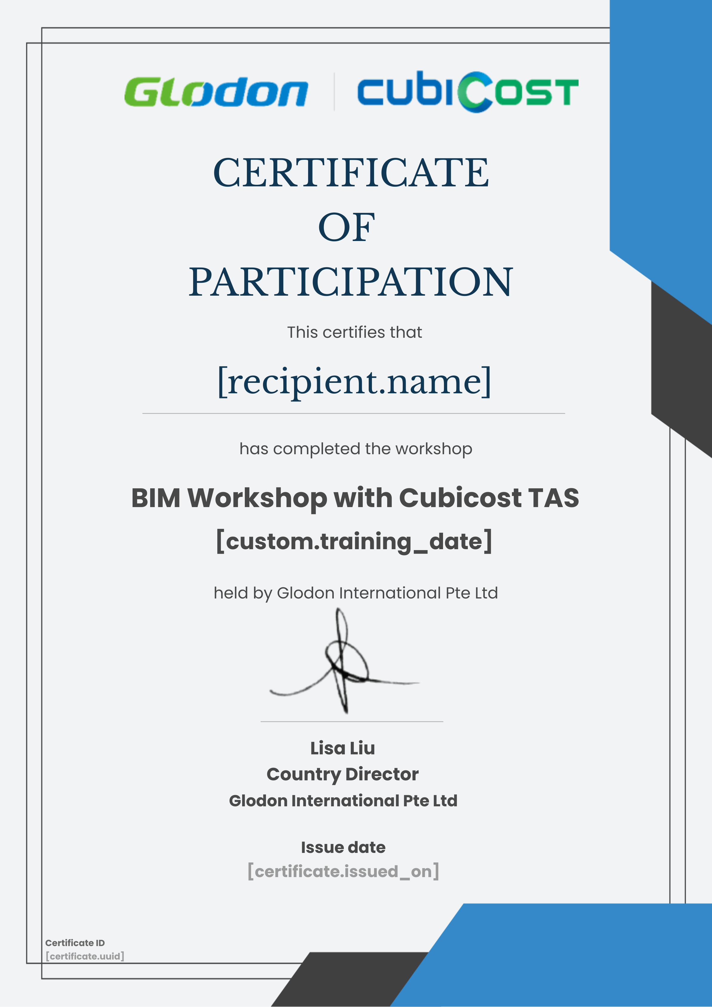 SG - BIM Workshop with Cubicost TAS certificate