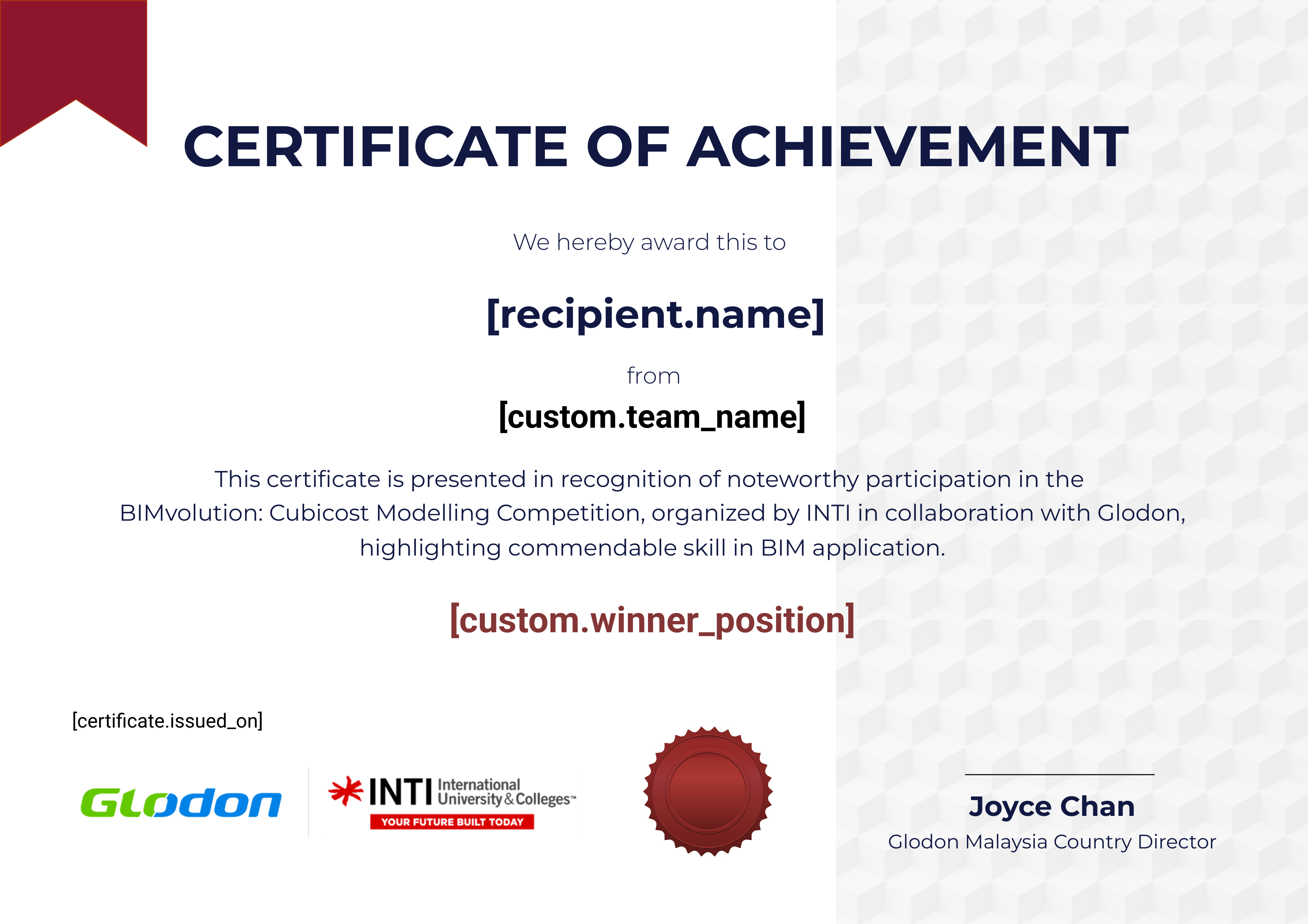 MY-INTI- BIMvolution: CUBICOST MODELLING COMPETITION certificate