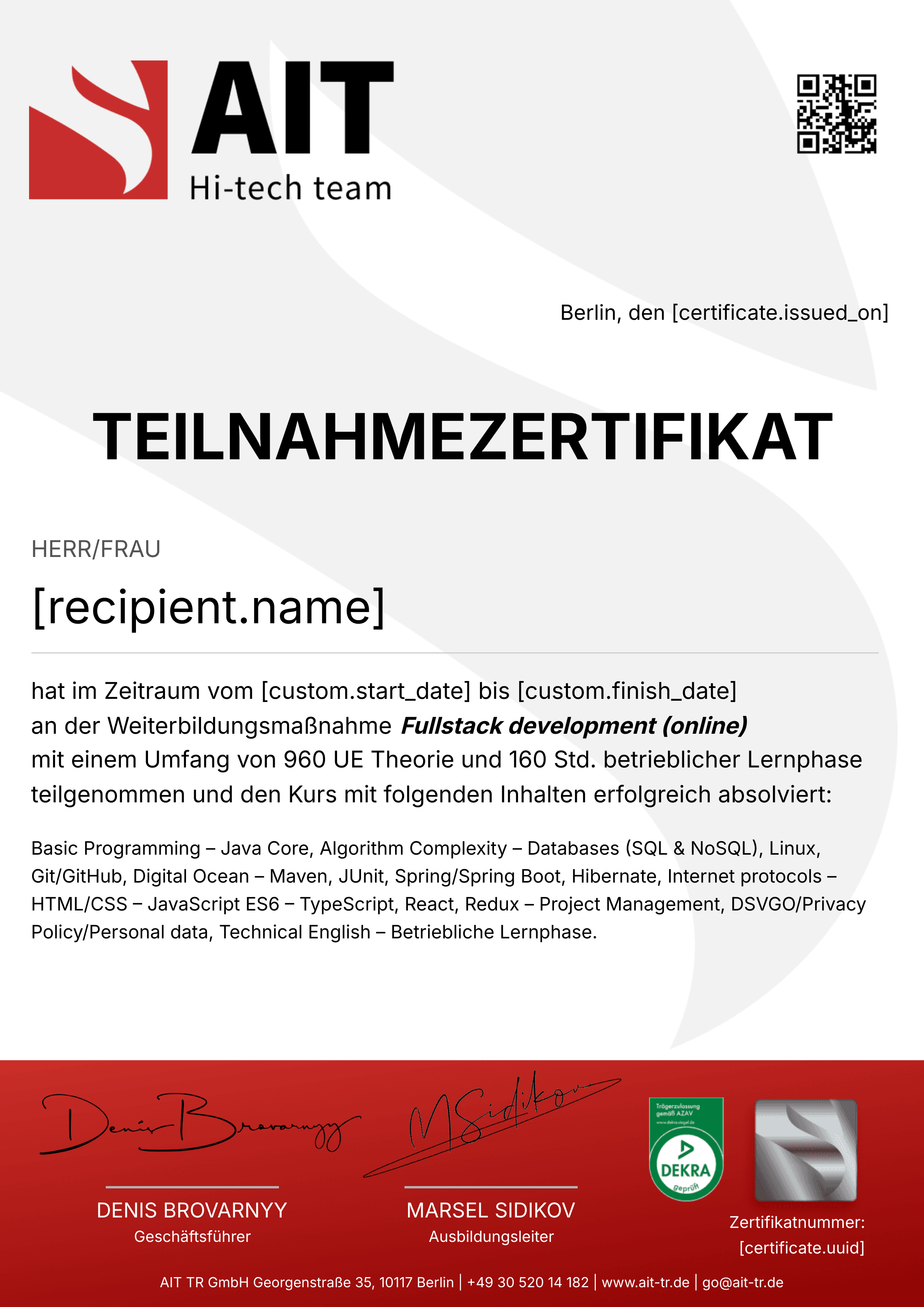 Full Stack Developer Program (960 UE) certificate