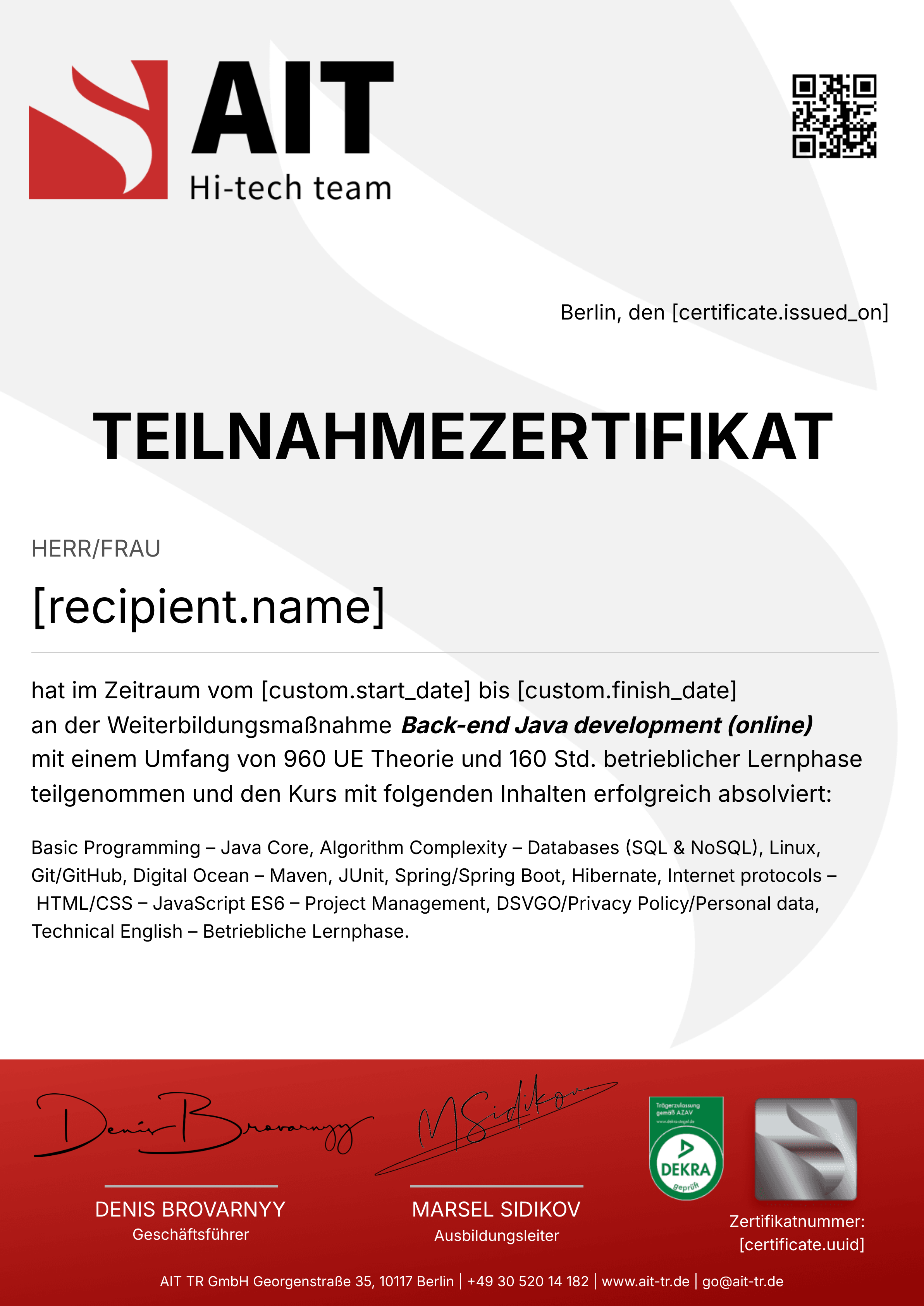 Back-end Java development Program certificate