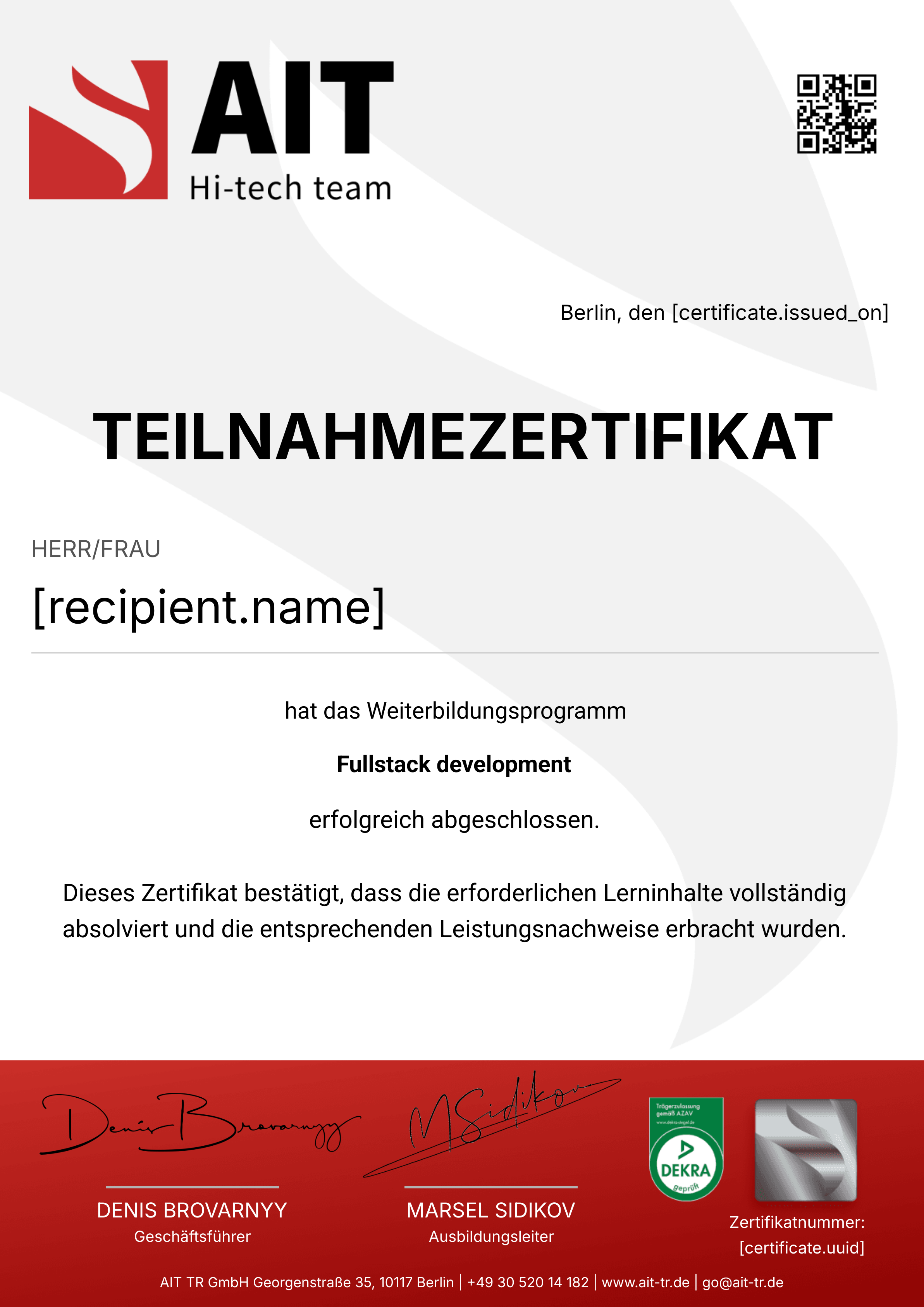Full Stack Developer Program certificate