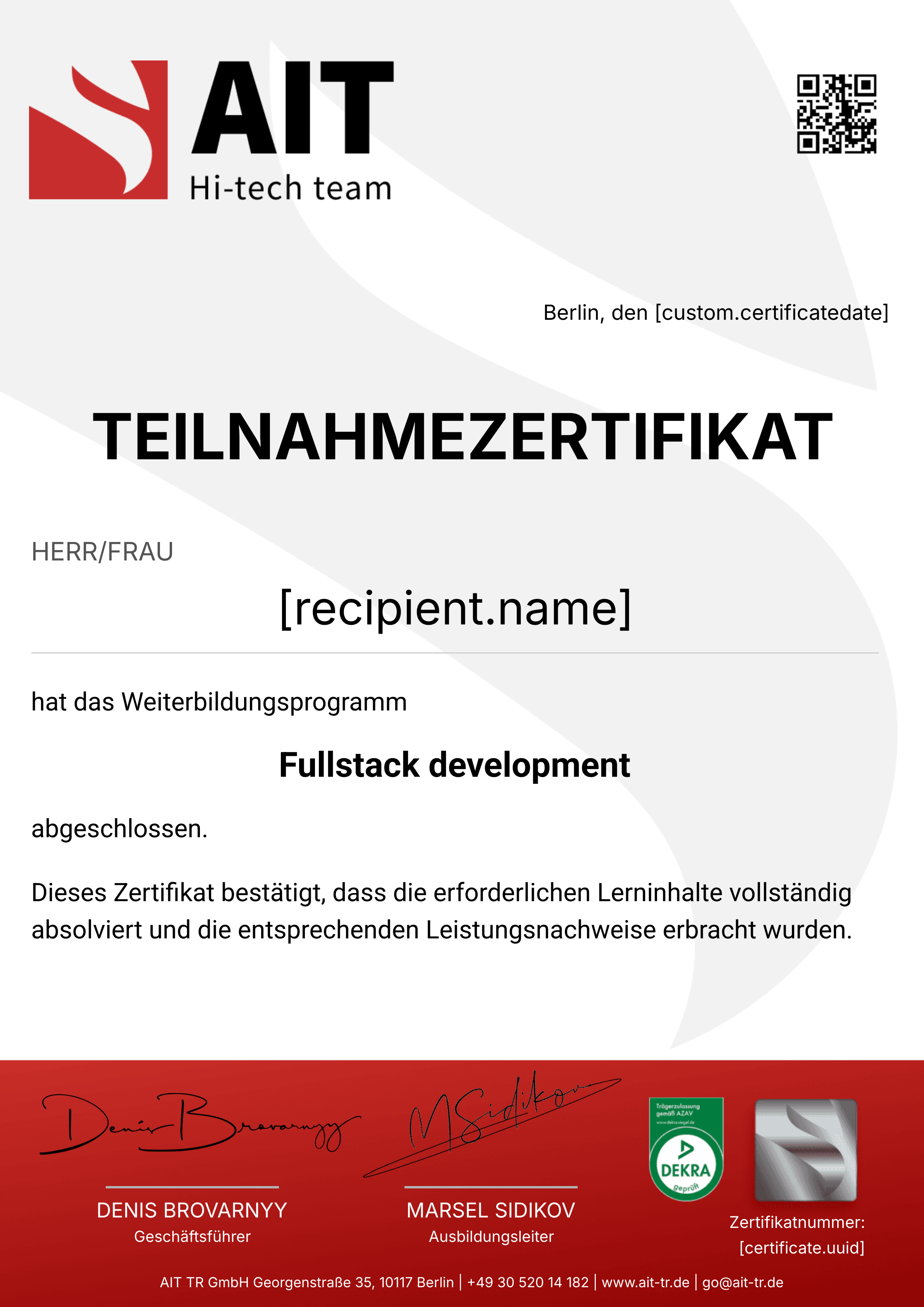 Full Stack Developer Program certificate