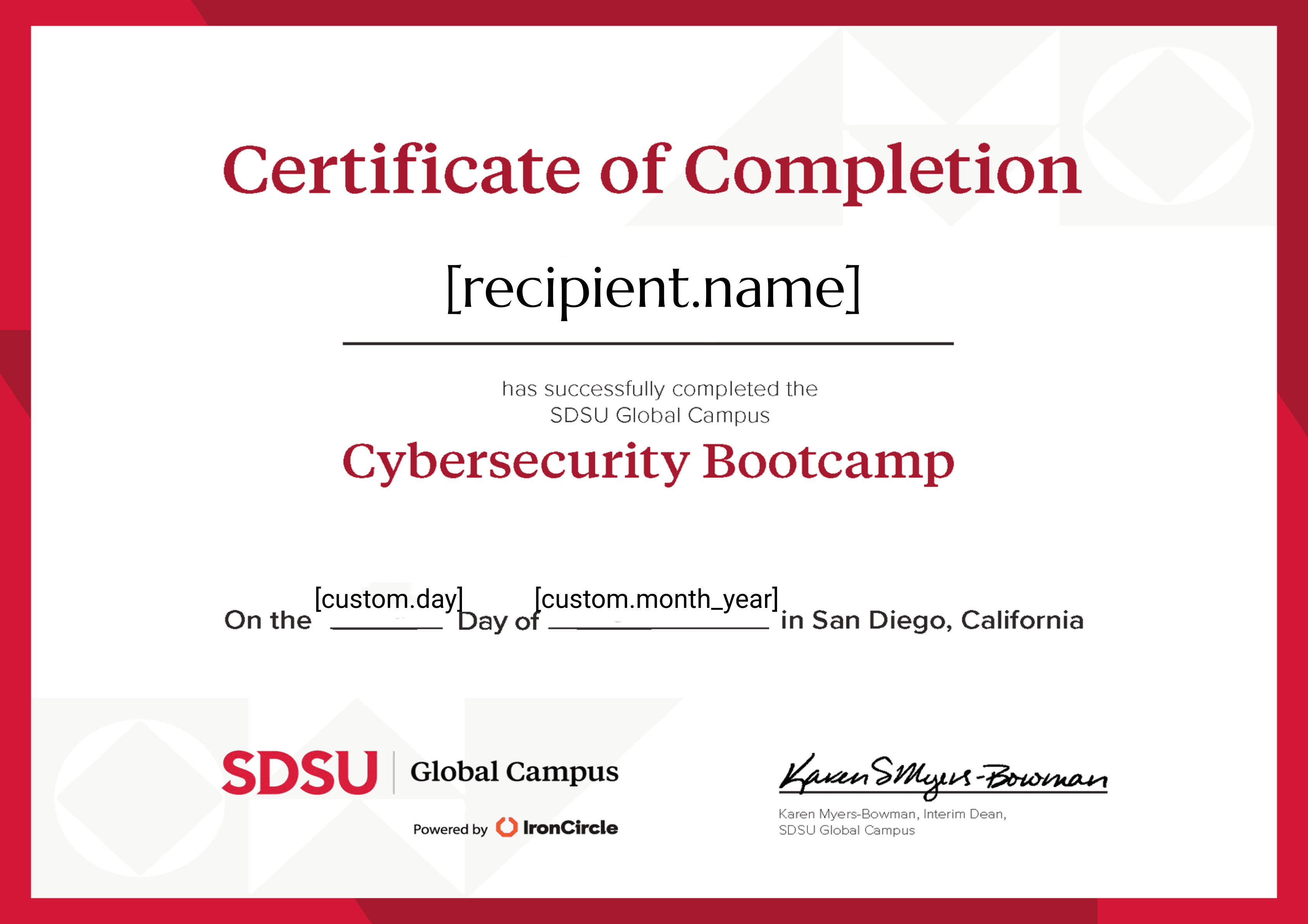 San Diego State University Cybersecurity Bootcamp certificate