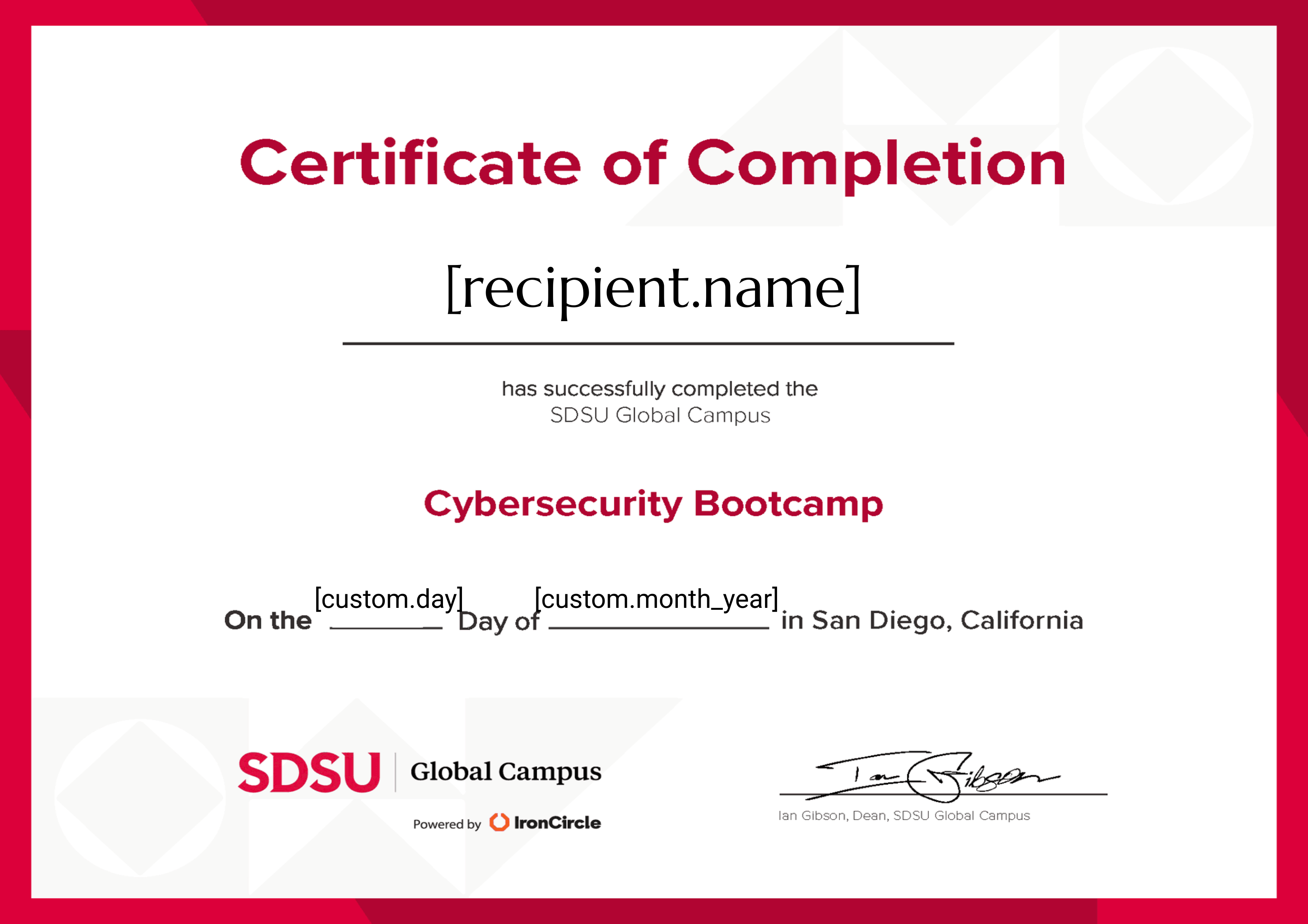 San Diego State University Cybersecurity Bootcamp certificate