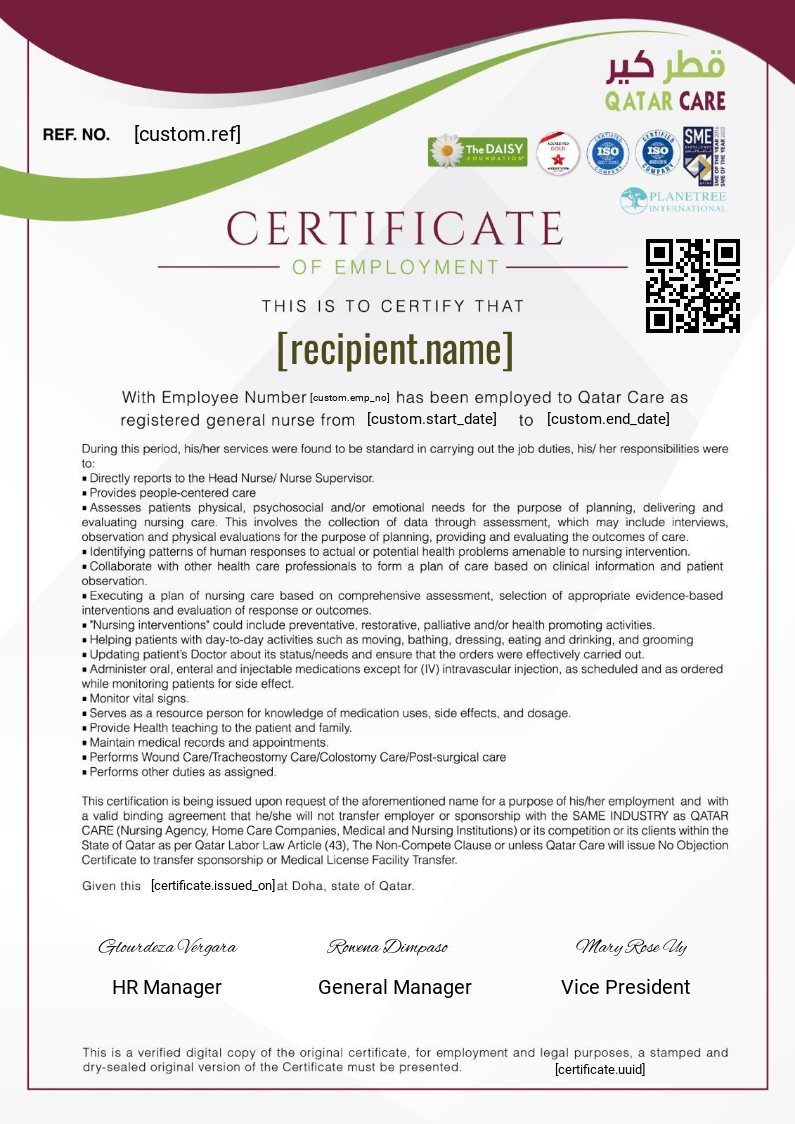 COE Qatar Care certificate