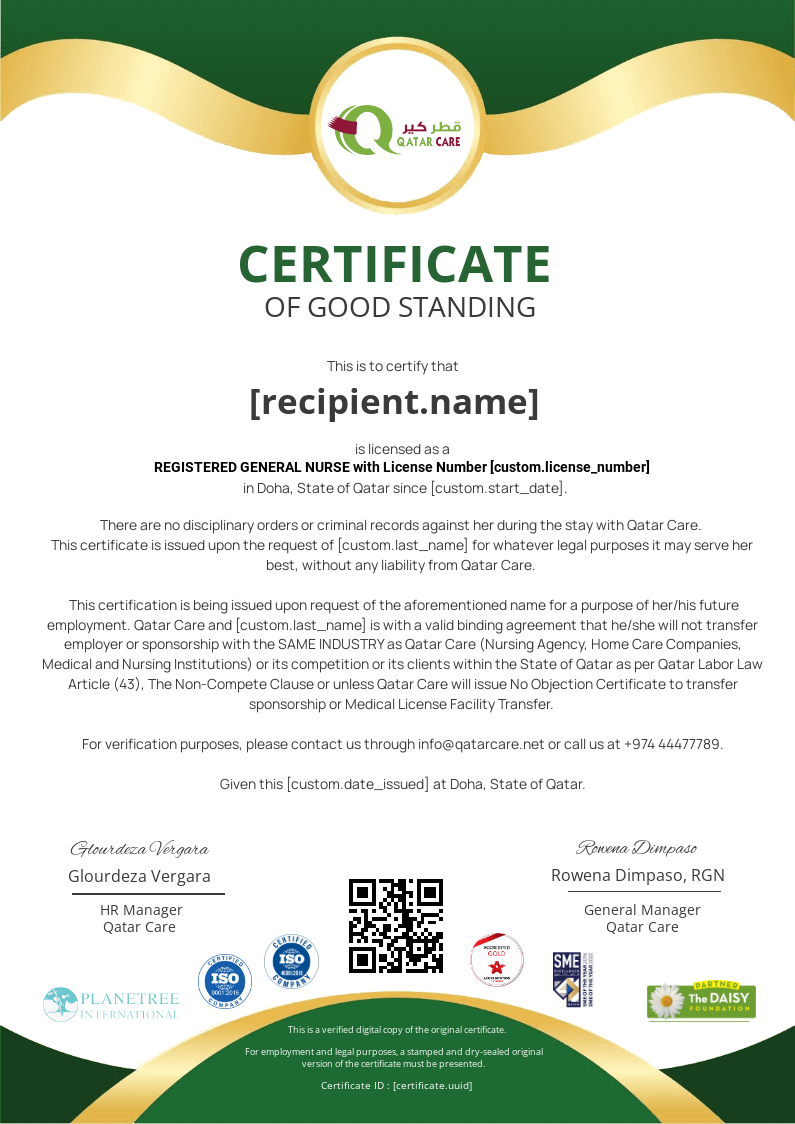 Qatar Care - RGN - Certificate of Good Standing certificate