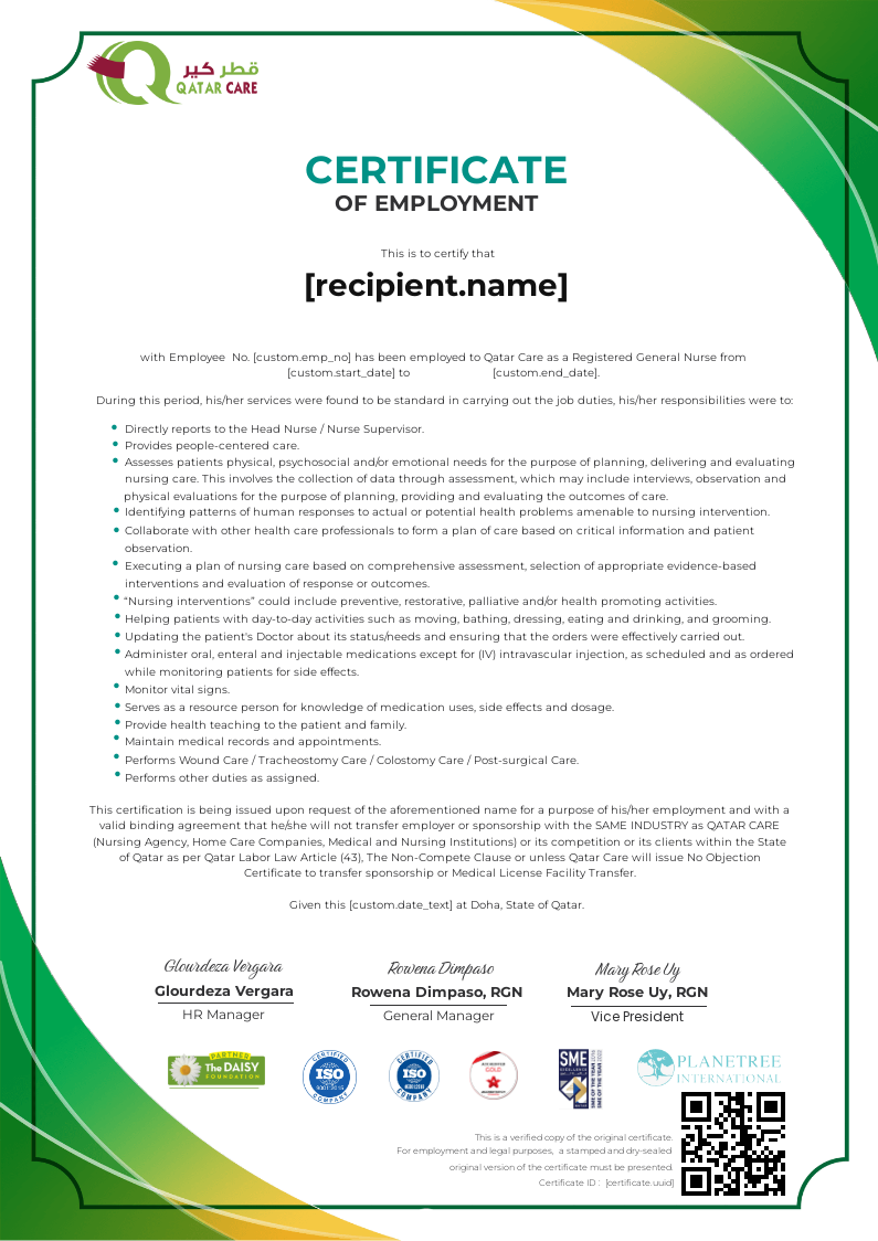 Qatar Care - RGN Certificate of Employment certificate