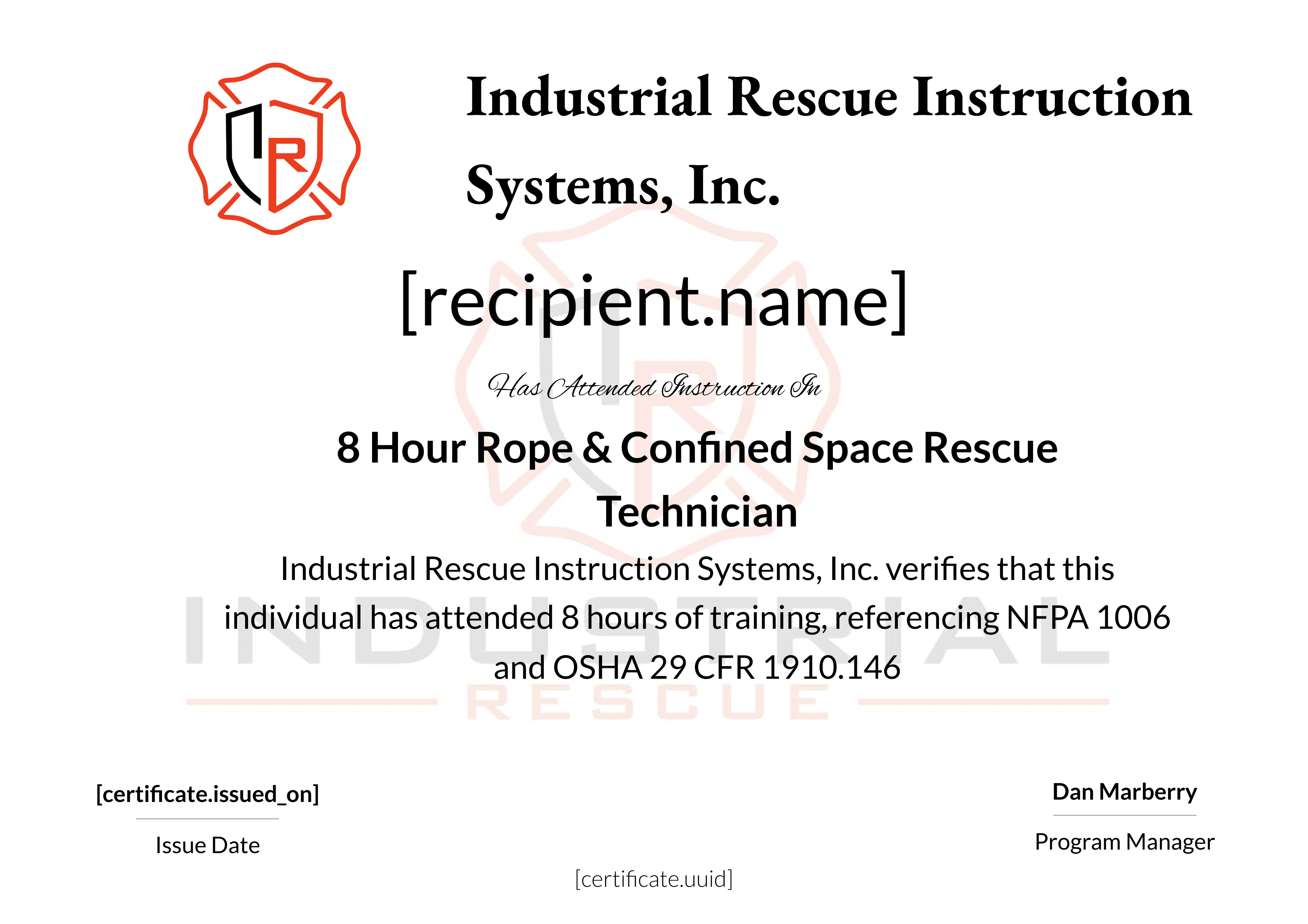 8 Hour Rope & Confined Space Rescue Technician certificate