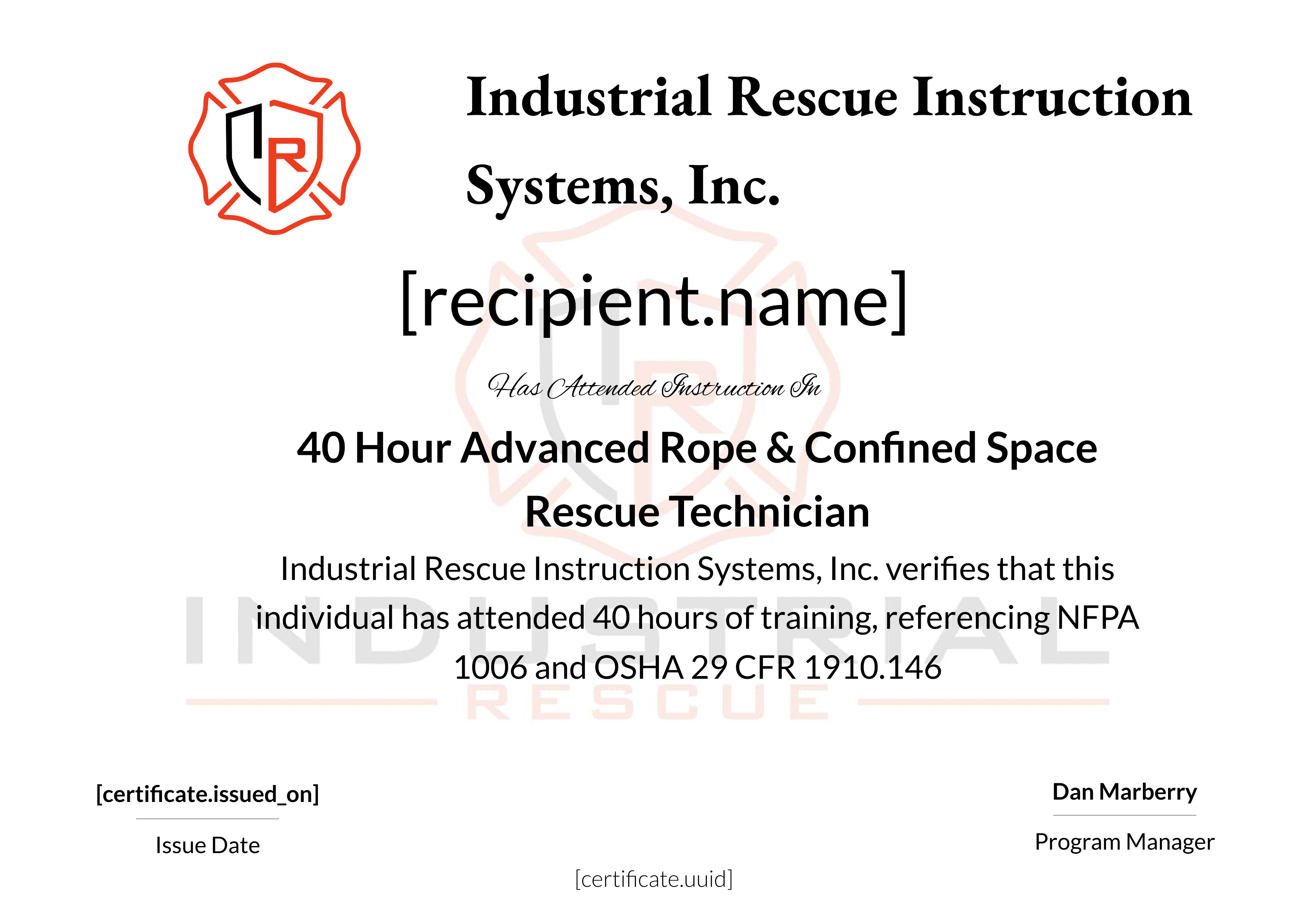 40 Hour Advanced Rope & Confined Space Rescue Technician certificate
