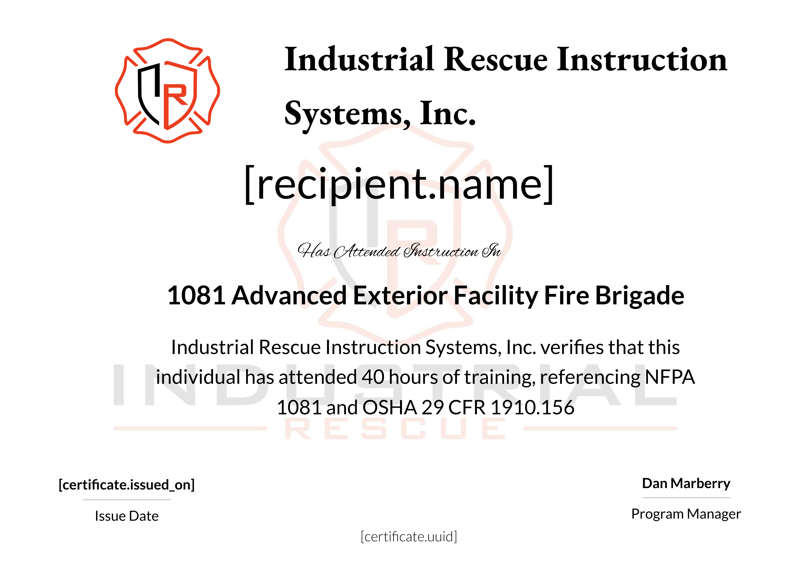 1081 Advanced Exterior Facility Fire Brigade (non-certified) certificate