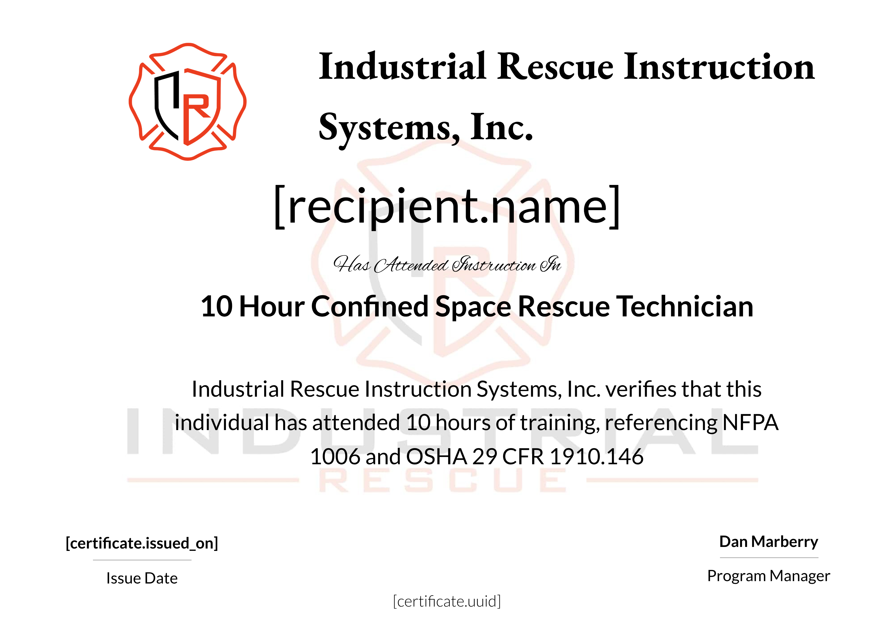 10 Hour Confined Space Rescue Technician certificate