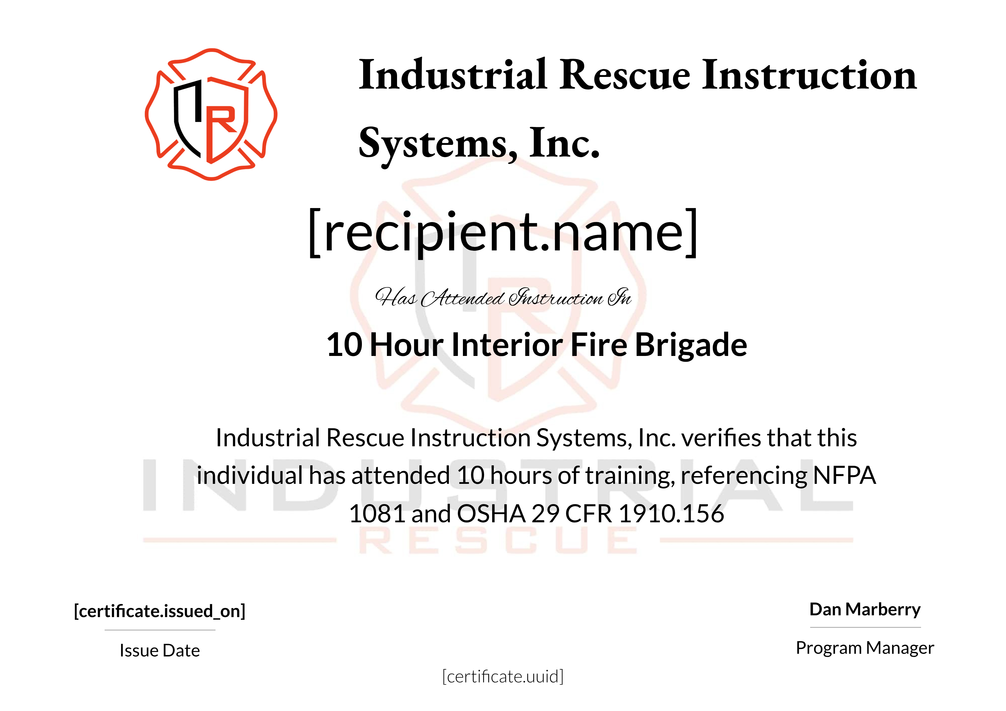10 Hour Interior Fire Brigade certificate