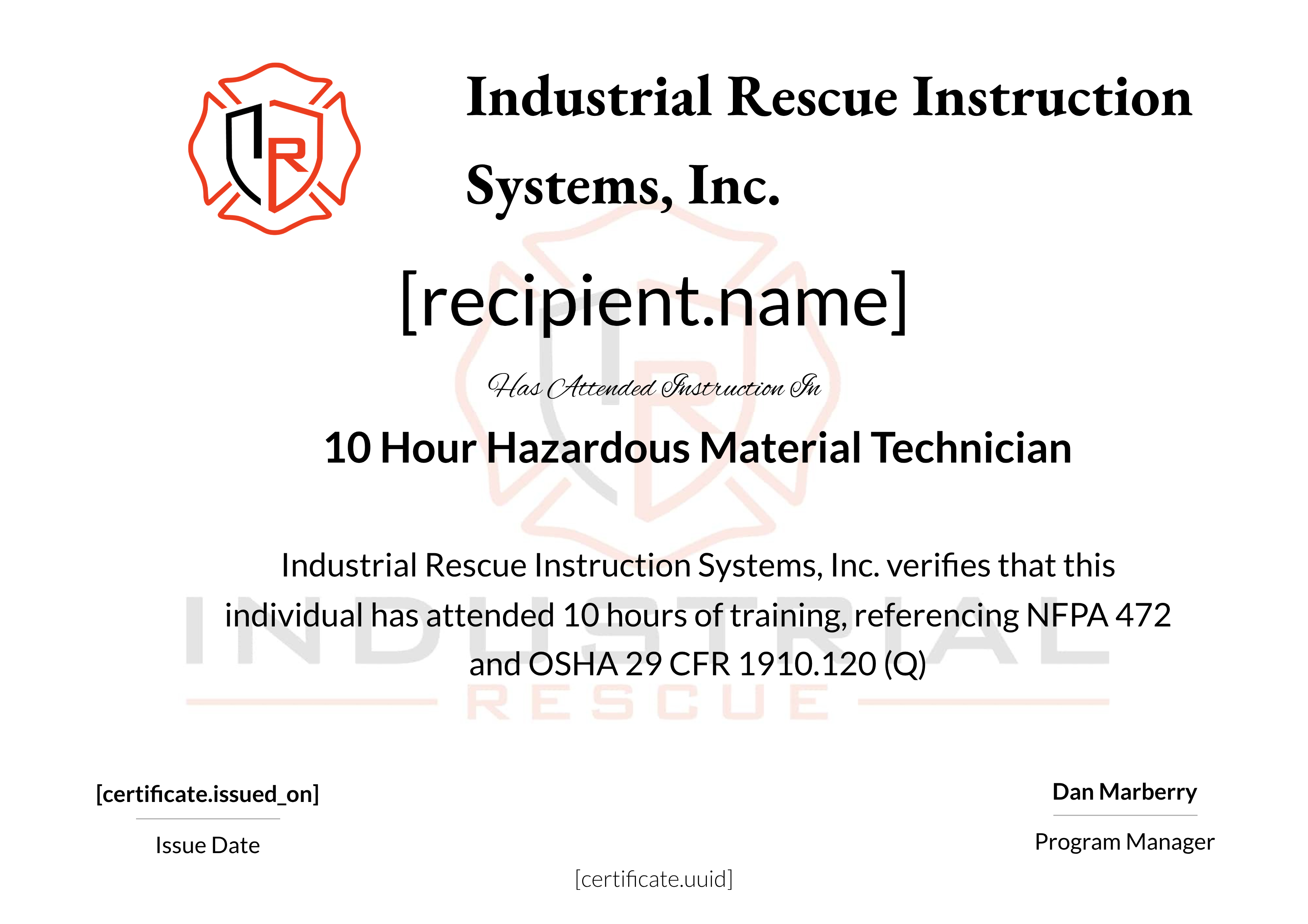 10 Hour Hazardous Material Technician certificate