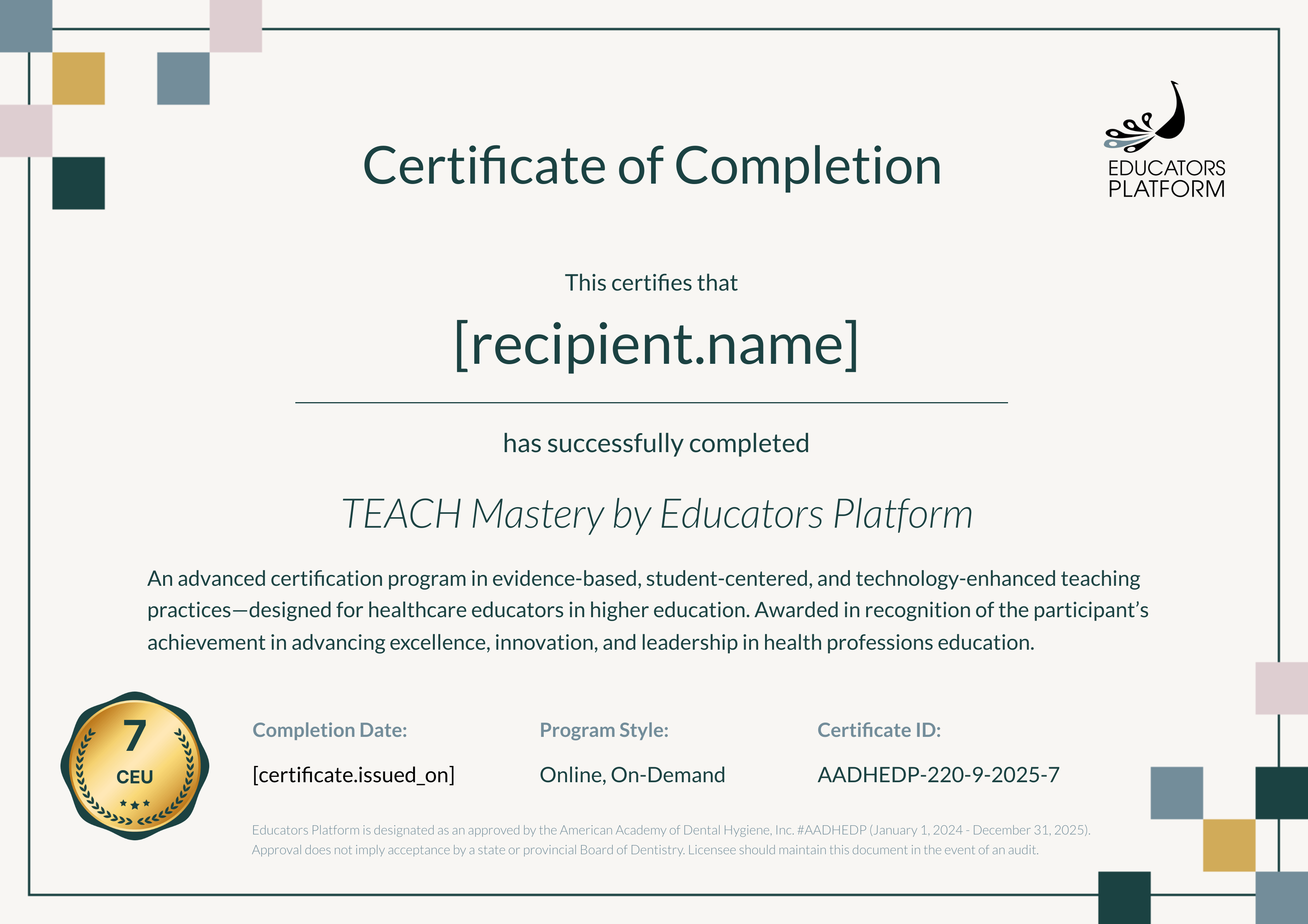 TEACH Mastery Certification Program certificate