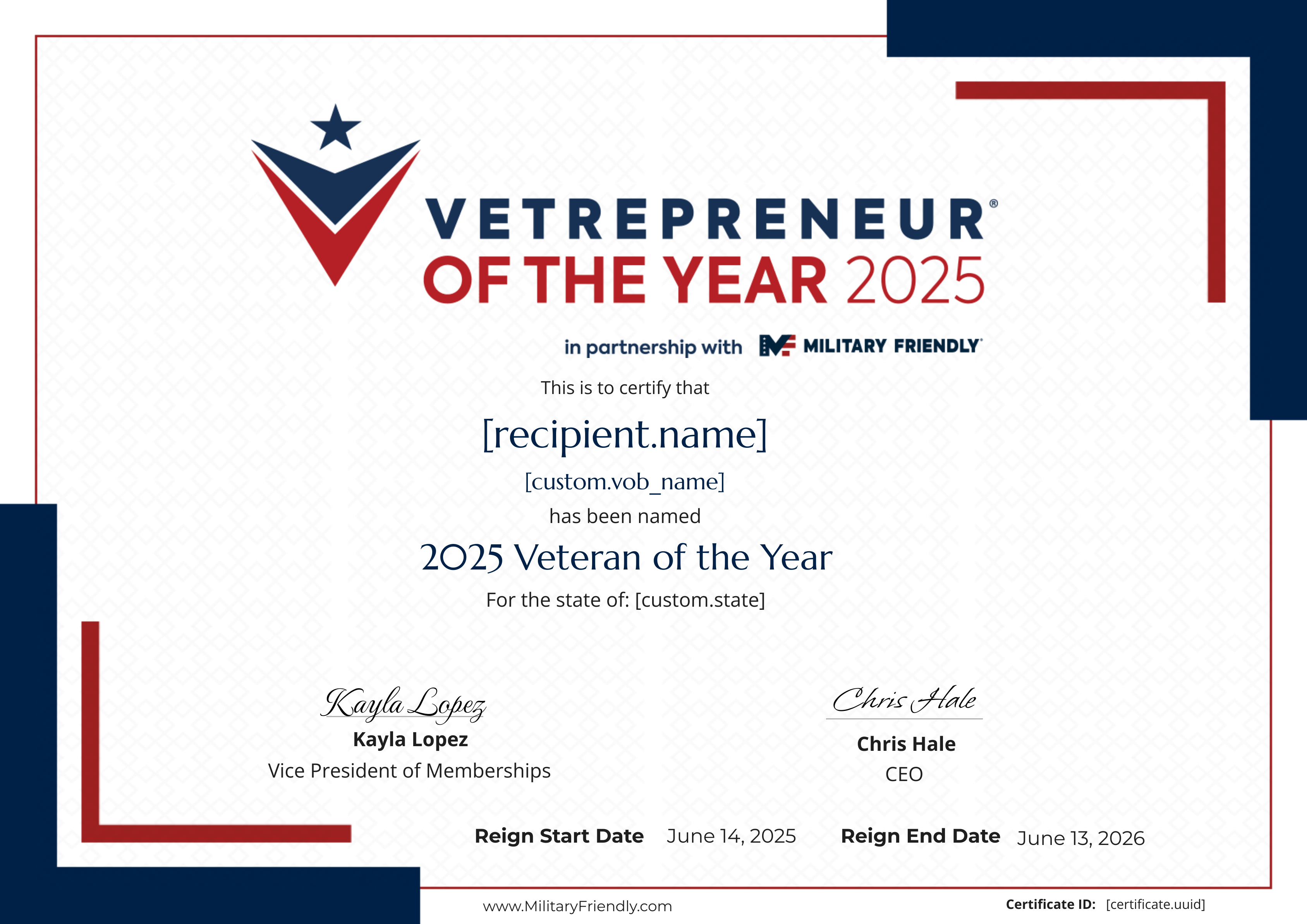 2025 Vetrepreneur of the year certificate